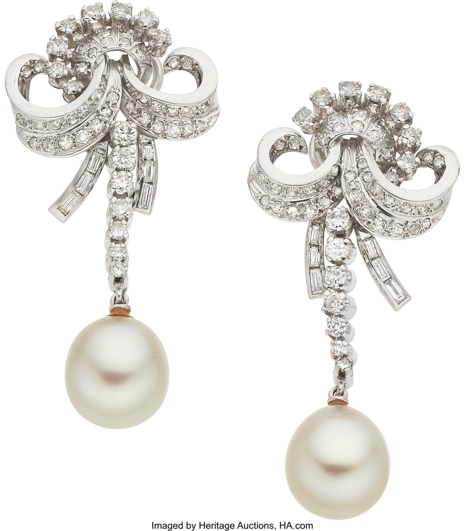 Cultured Pearl, Diamond, White Gold, Palladium: Cultured Pearl, Diamond, White Gold, Palladium Earrings Stones: Full-cut diamonds weighing a total of approximately 1.00 carat; single-cut diamonds weighing a total