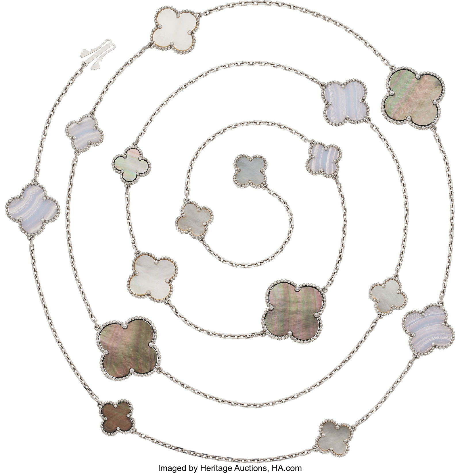 Van Cleef & Arpels Chalcedony, Mother-of-Pearl,: Van Cleef & Arpels Chalcedony, Mother-of-Pearl, White Gold Necklace, French Stones: Carved blue chalcedony and mother-of-pearl Metal: 18k white gold Marked: for