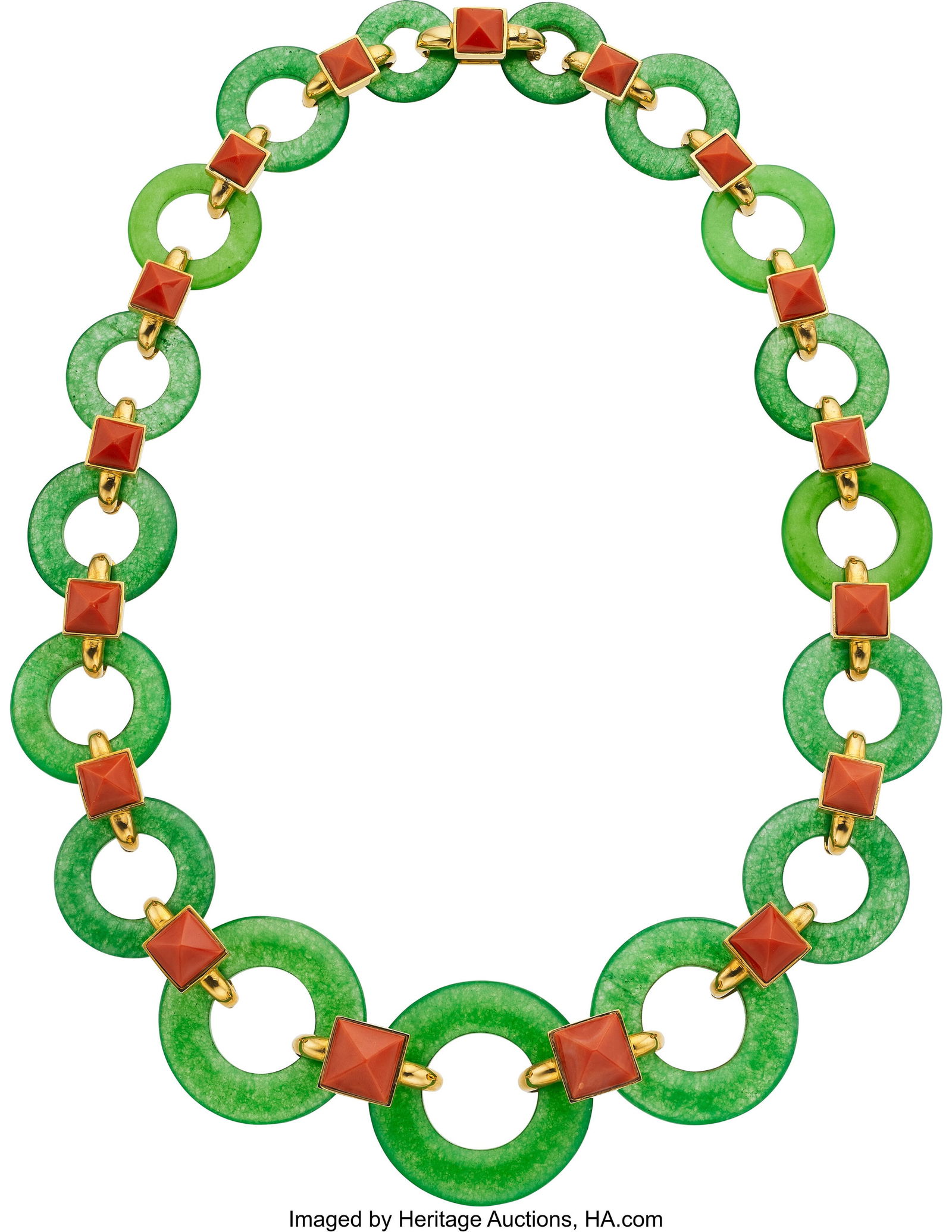 Aldo Cipullo for Cartier Jadeite Jade, Coral, G: Aldo Cipullo for Cartier Jadeite Jade, Coral, Gold Necklace Stones: Dyed carved jadeite jade; carved coral Metal: 18k gold Marked: A. Cipullo; Cartier Gr