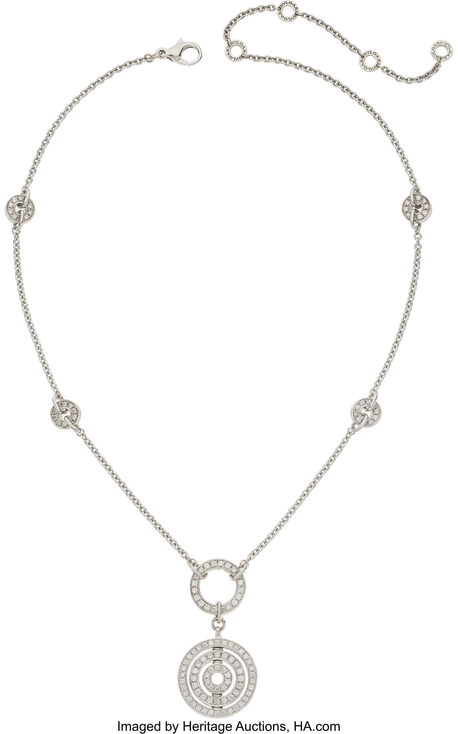 Bvlgari Diamond, White Gold Necklace Stones: Fu: Bvlgari Diamond, White Gold Necklace Stones: Full-cut diamonds weighing a total of approximately 2.00 carats Metal: 18k white gold Marked: Bvlgari Collection: Astr