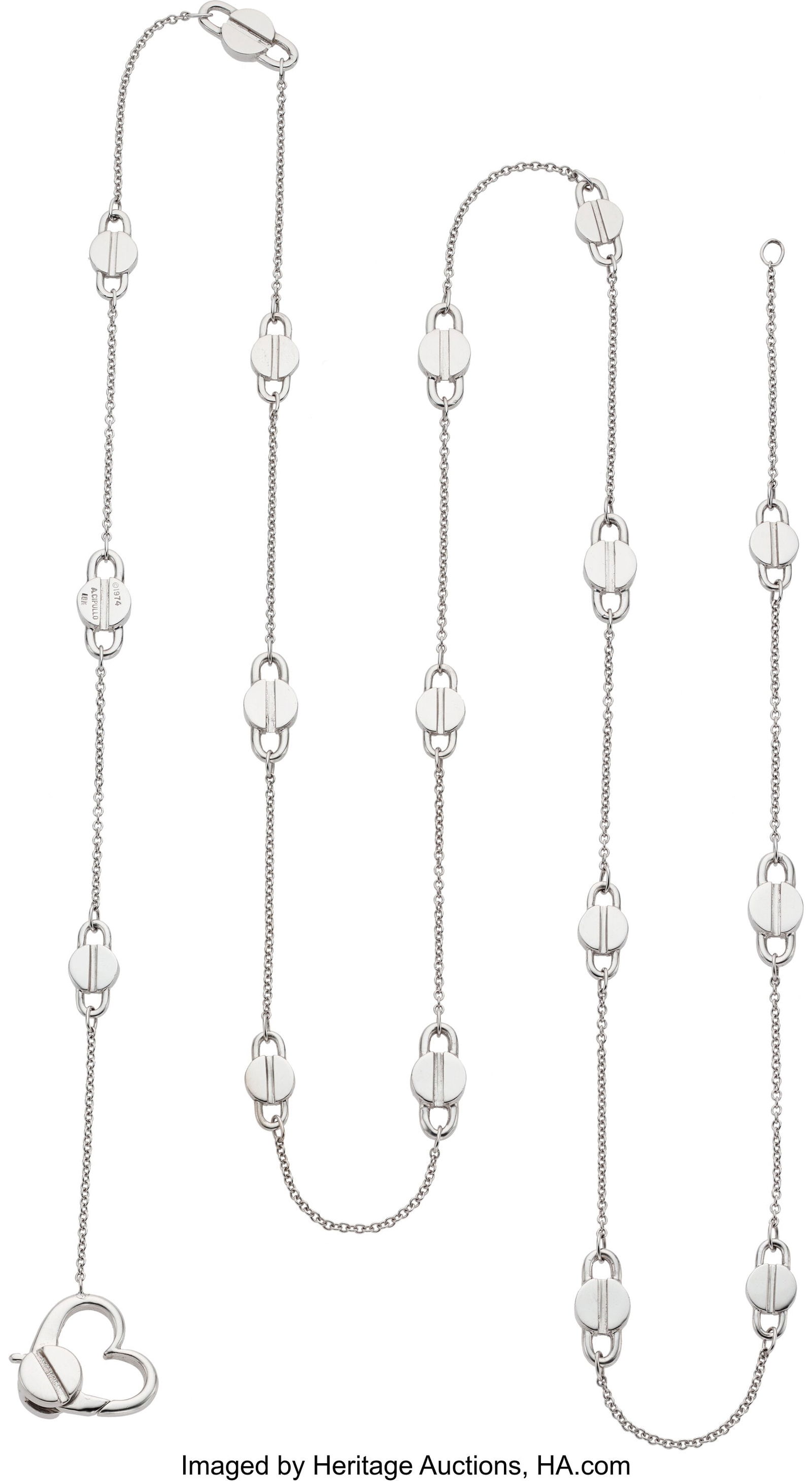 Aldo Cipullo White Gold Necklace, circa 1974 Me: Aldo Cipullo White Gold Necklace, circa 1974 Metal: 18k white gold Marked: for Aldo Cipullo Weight: 36.10 grams Dimensions: 36-1/2 inches x 1/4 inch Collec