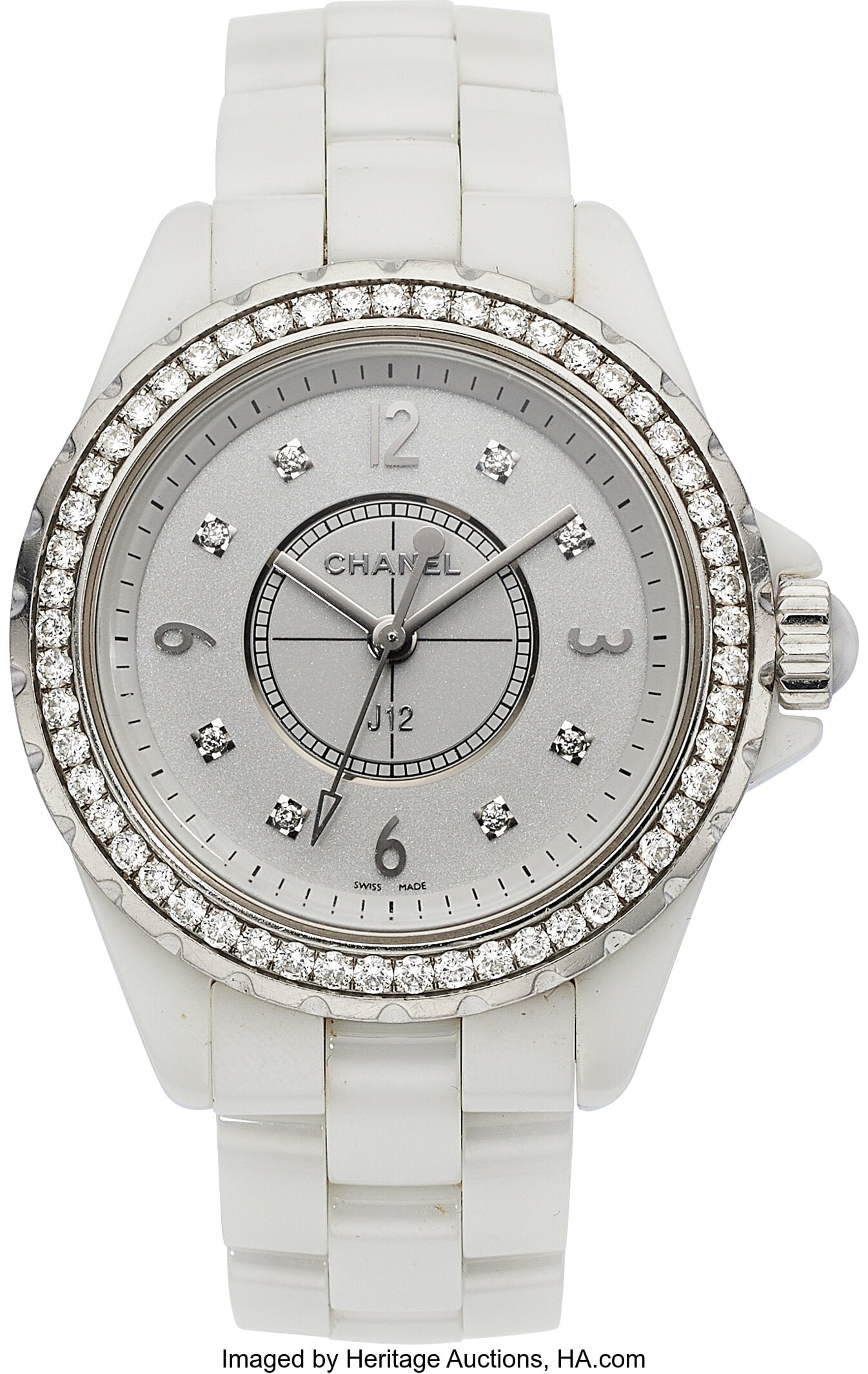 Chanel Diamond, Ceramic, Stainless Steel J12 Wat: Chanel Diamond, Ceramic, Stainless Steel J12 Watch Case: 33 mm, round, ceramic, stainless steel back secured by 8 screws, ceramic-topped screw-down crown&comm