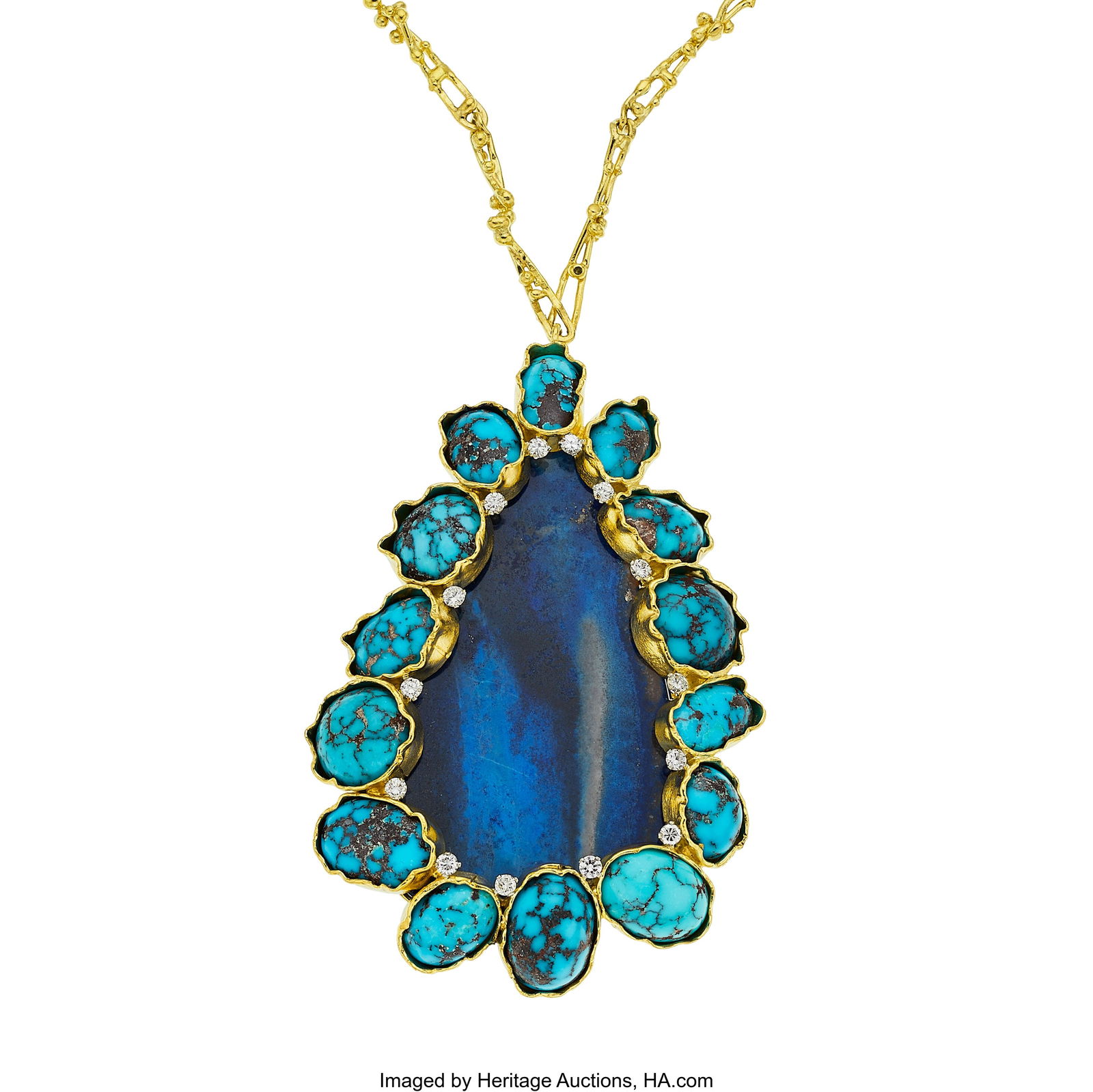 George Weil Lapis Lazuli, Turquoise, Diamond, G: George Weil Lapis Lazuli, Turquoise, Diamond, Gold Necklace Stones: Carved lapis lazuli; turquoise cabochons; full-cut diamonds weighing a total of approximately 1&pe