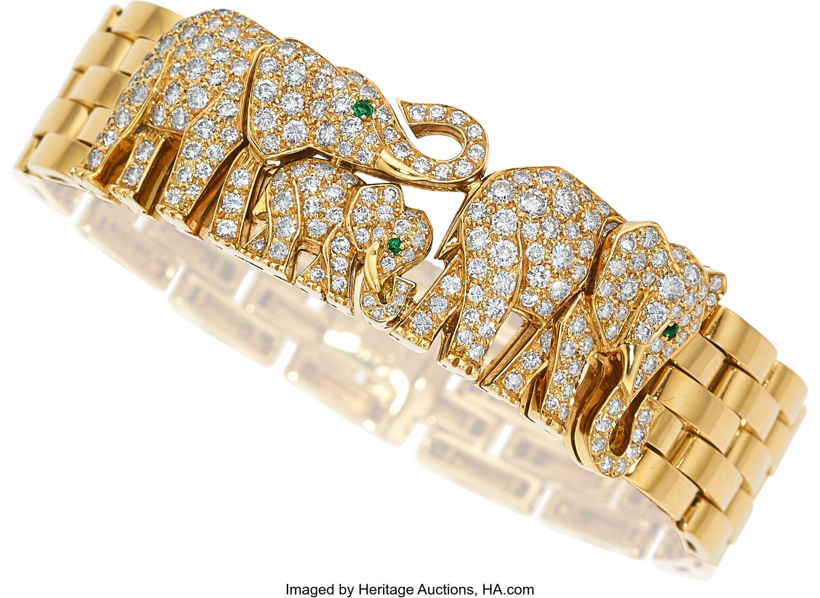 Cartier Diamond, Emerald, Gold Bracelet, French: Cartier Diamond, Emerald, Gold Bracelet, French Stones: Full-cut diamonds weighing a total of approximately 3.00 carats; round-shaped emeralds Metal: 18k gold