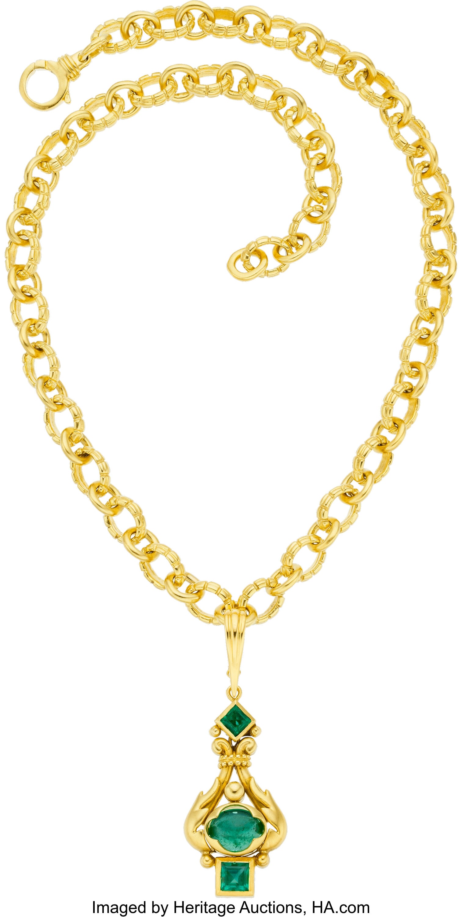 Robin Rotenier Emerald, Gold Pendant-Necklace S: Robin Rotenier Emerald, Gold Pendant-Necklace Stones: Emerald cabochon; square-shaped emeralds weighing a total of approximately 1.35 carats Metal: 18k gold Marked: