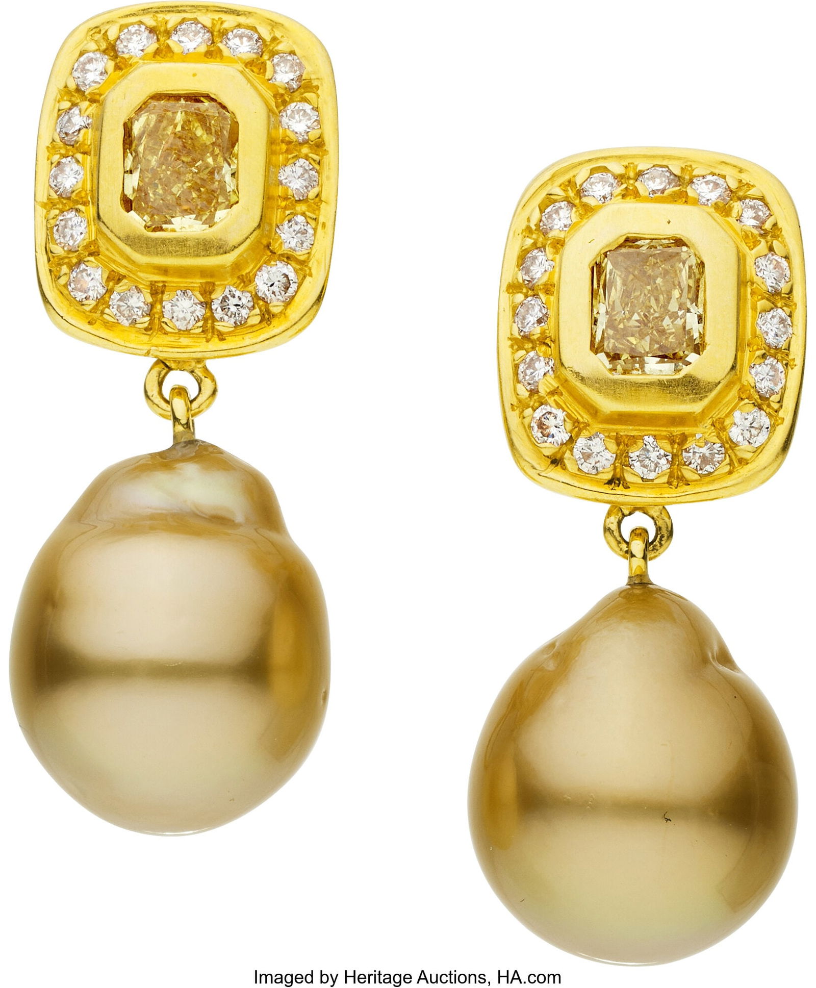 Robin Rotenier Golden South Sea Cultured Pearl,: Robin Rotenier Golden South Sea Cultured Pearl, Colored Diamond, Diamond, Gold Earrings Stones: Rectangular-shaped colored diamonds weighing a total of approximately 1.1
