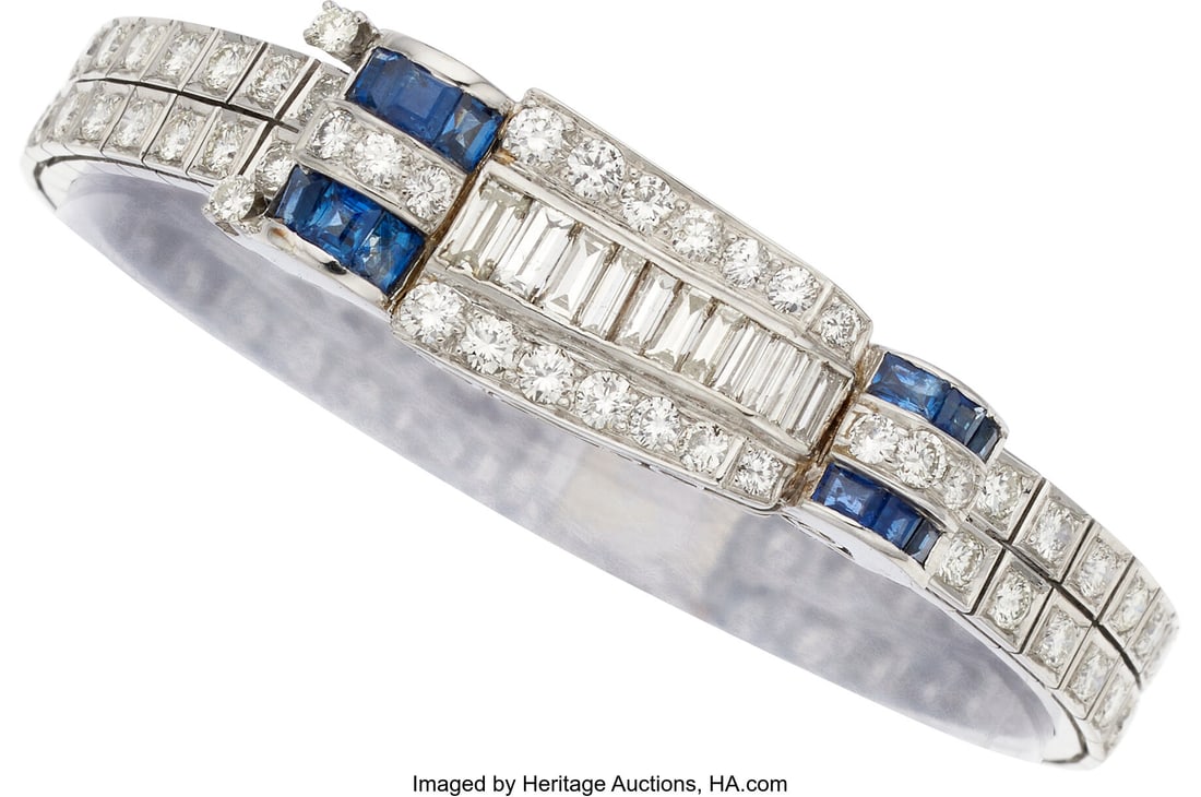 Diamond, Sapphire, Palladium, White Gold Bracele: Diamond, Sapphire, Palladium, White Gold Bracelet Stones: Baguette-cut diamonds weighing a total of approximately 0.95 carat; full-cut diamonds weighing a total of