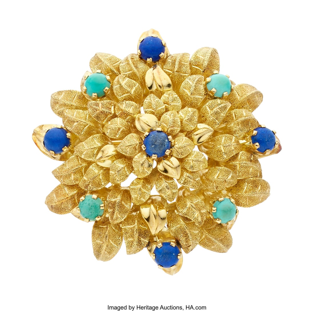 Lapis Lazuli, Composite Turquoise, Gold Brooch: Lapis Lazuli, Composite Turquoise, Gold Brooch Stones: Lapis lazuli and composite turquoise cabochons Metal: 18k and 14k gold Gross Weight: 16.10 grams Dimensions&