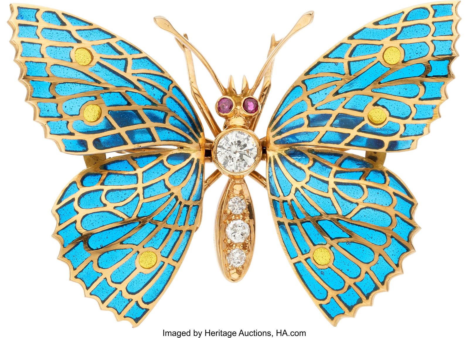 Diamond, Ruby, Enamel, Gold Convertible Pendant-: Diamond, Ruby, Enamel, Gold Convertible Pendant-Brooch Stones: Full-cut diamonds weighing a total of approximately 0.54 carat; round-shaped rubies weighing a total