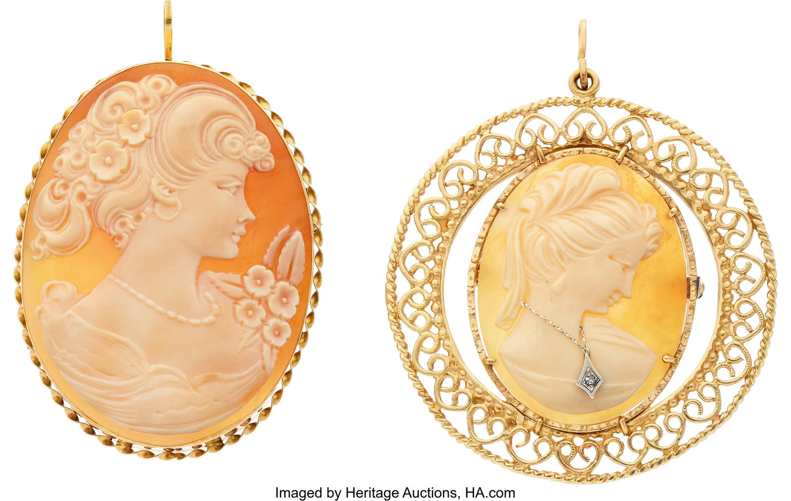 Shell Cameo, Diamond, Gold, Silver Pendant-Brooc: Shell Cameo, Diamond, Gold, Silver Pendant-Brooches Stones: Shell cameos; single cut diamond Metal: 14k white and yellow gold, and silver Gross Weight: 2