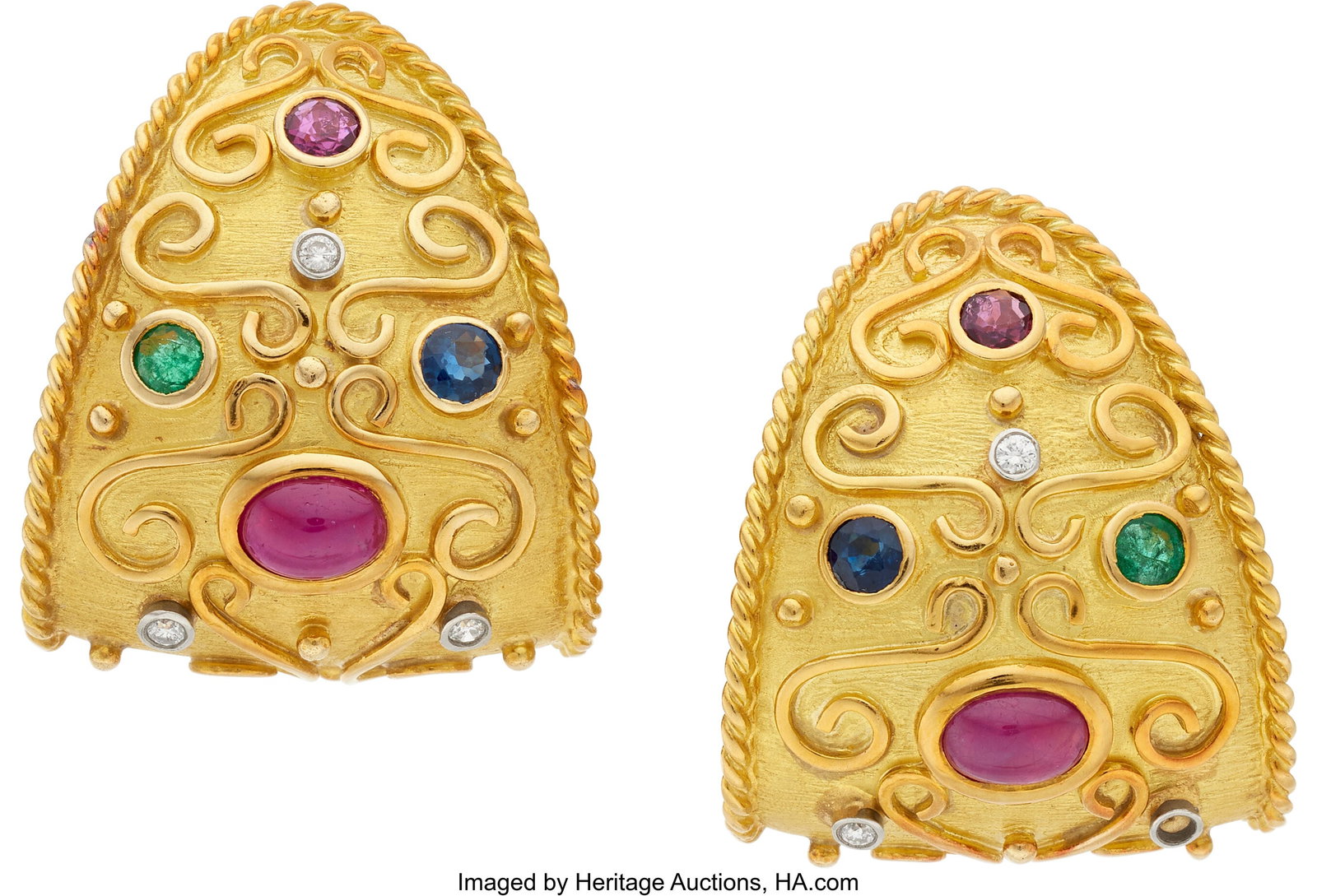 Diamond, Multi-Stone, Gold Earrings Stones: Ful: Diamond, Multi-Stone, Gold Earrings Stones: Full-cut diamonds weighing a total of approximately 0.15 carat; round-shaped sapphires weighing a total of approximately 0&per