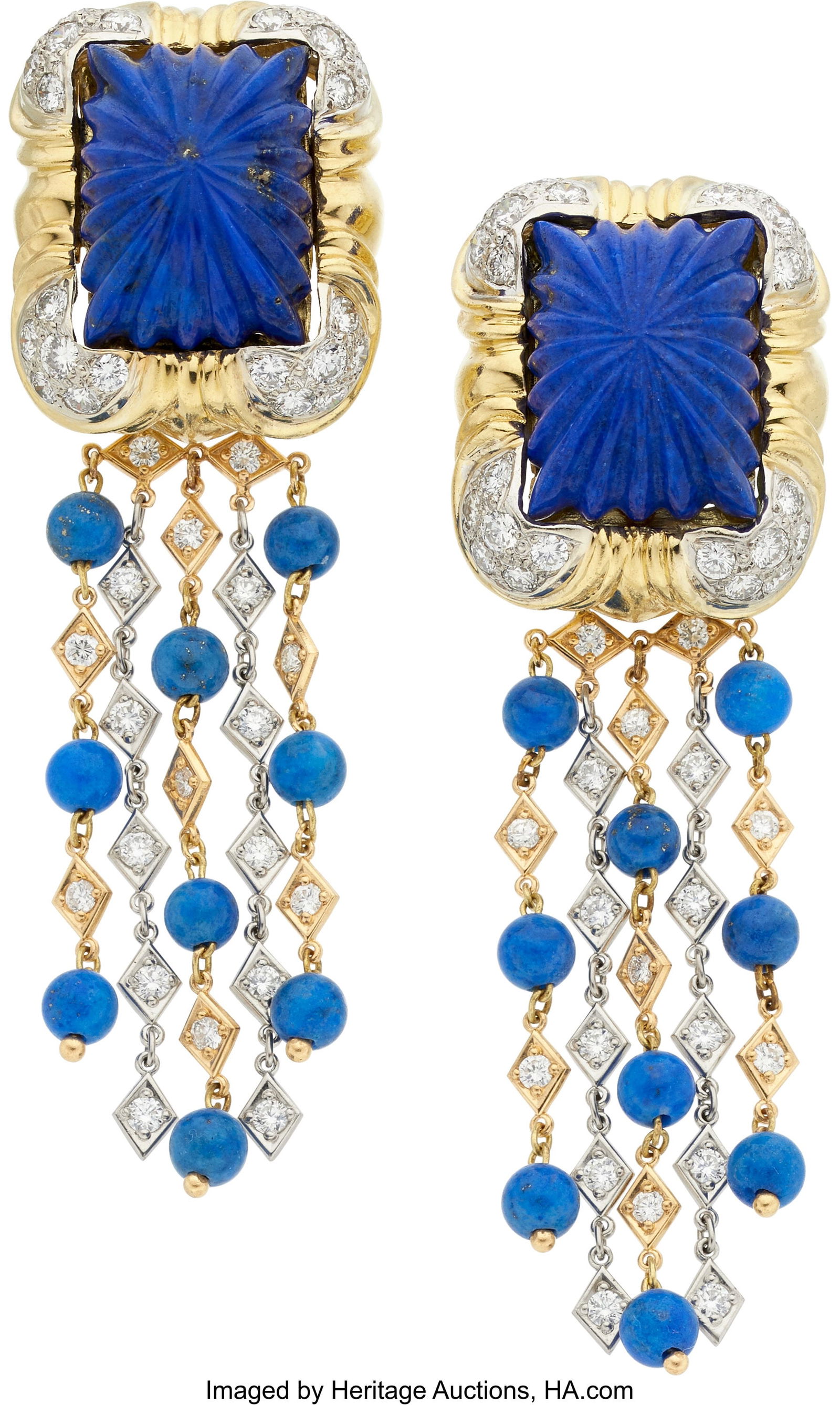 Lapis Lazuli, Diamond, Platinum, Gold Earrings: Lapis Lazuli, Diamond, Platinum, Gold Earrings Stones: Carved lapis lazuli; full-cut diamonds weighing a total of approximately 2.80 carats Metal: Platinum&co