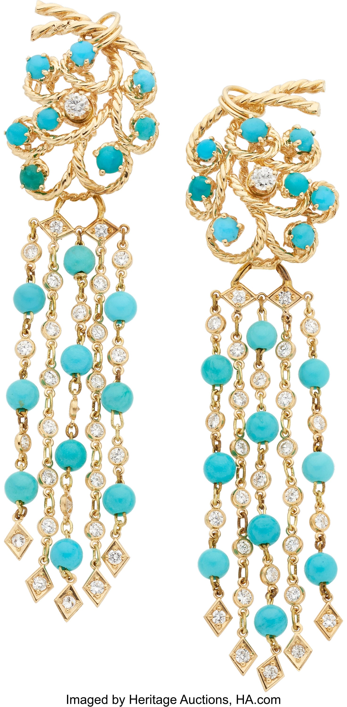 Turquoise, Diamond, Gold Earrings Stones: Turqu: Turquoise, Diamond, Gold Earrings Stones: Turquoise cabochons; full-cut diamonds weighing a total of approximately 1.20 carats Metal: 14k gold Gross Weight: 1