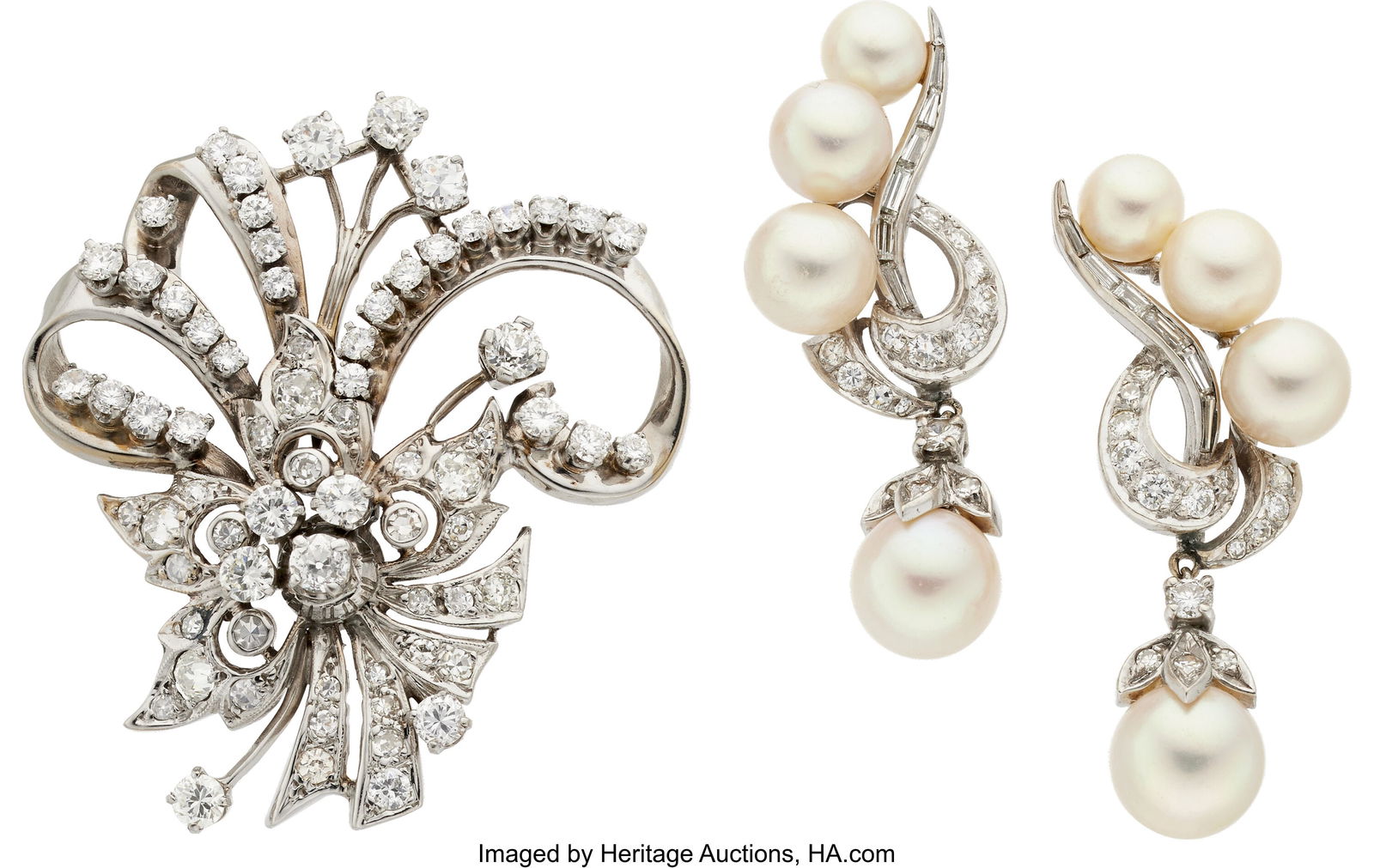 Diamond, Cultured Pearl, White Gold Jewelry Sto: Diamond, Cultured Pearl, White Gold Jewelry Stones: European, full, and single-cut diamonds weighing a total of approximately 3.35 carats; baguette and tapere