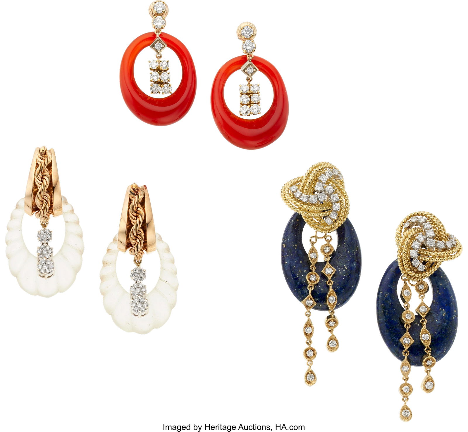 Diamond, Multi-Stone, Glass, Platinum, Gold Jewe: Diamond, Multi-Stone, Glass, Platinum, Gold Jewelry Stones: Full-cut diamonds weighing a total of approximately 4.50 carats; carved lapis lazuli, rose q