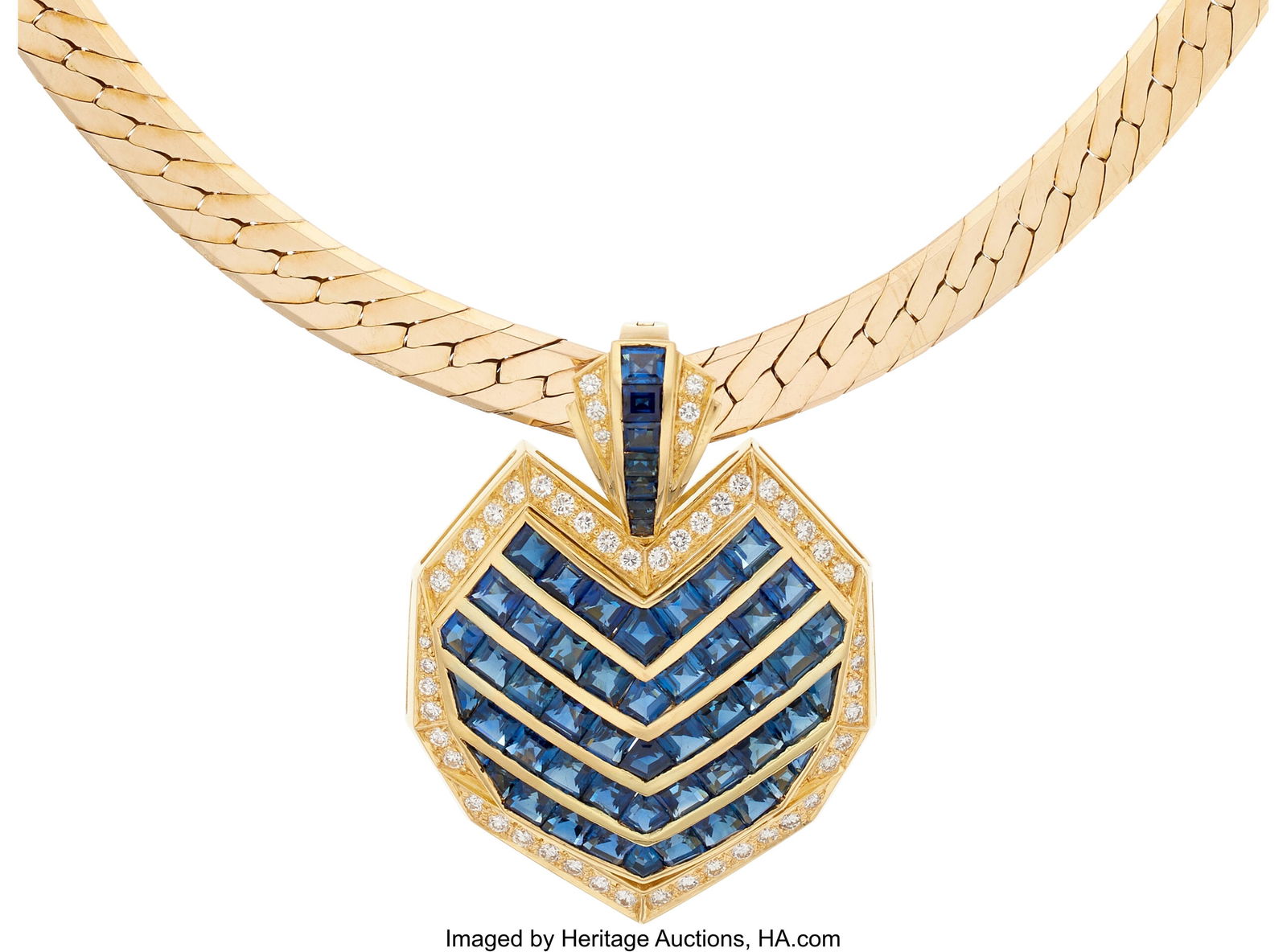 Sapphire, Diamond, Gold Pendant-Necklace Stones: Sapphire, Diamond, Gold Pendant-Necklace Stones: Square and calibré-cut sapphires weighing a total of 14.00 carats; full-cut diamonds weighing a total of 1.