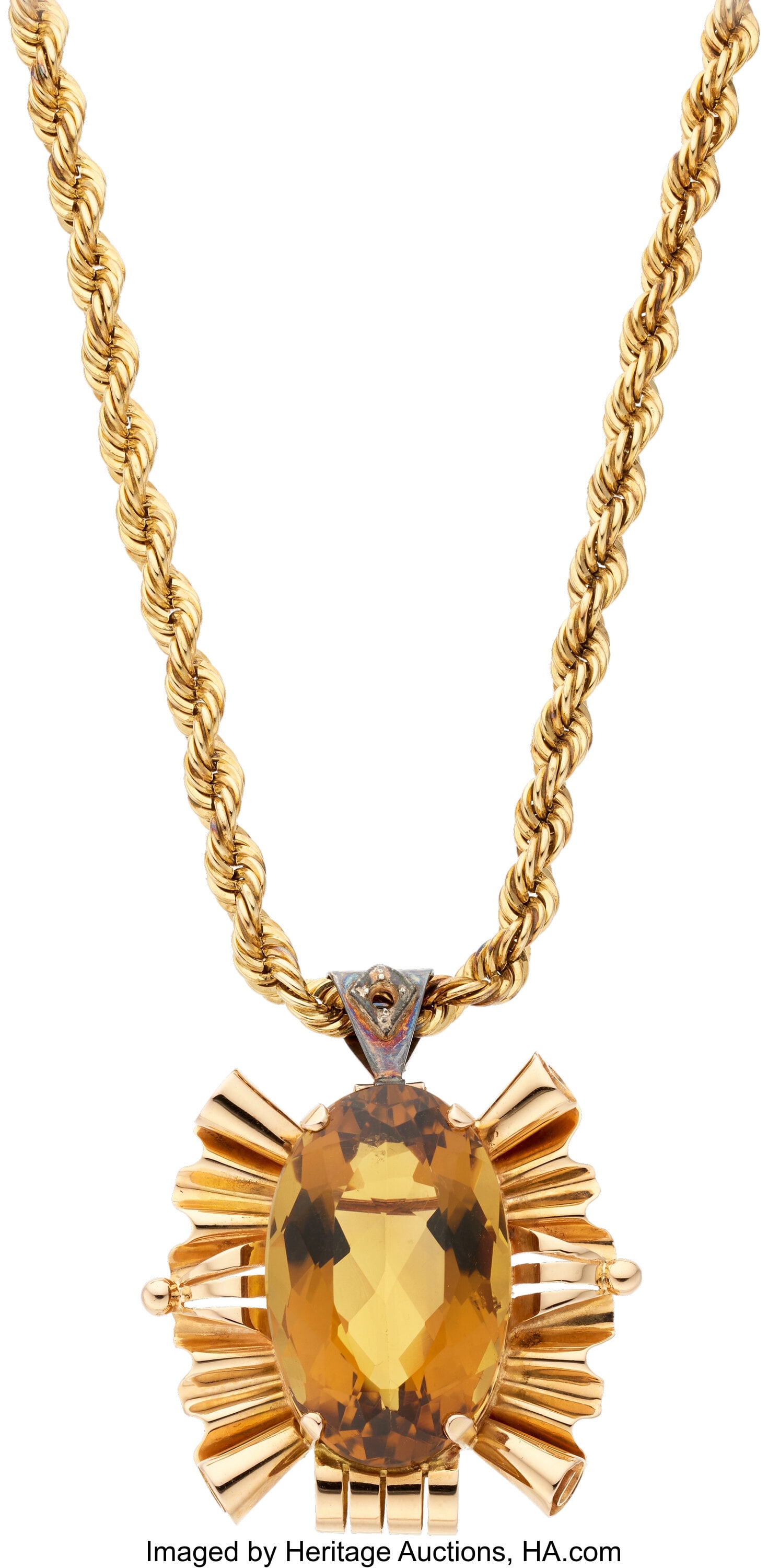 Citrine, Gold, Pendant-Necklace Stones: Oval-sh: Citrine, Gold, Pendant-Necklace Stones: Oval-shaped citrine Metal: 18k and 14k gold Gross Weight: 56.00 grams Necklace Dimensions: 18-1/4 inches x 3/