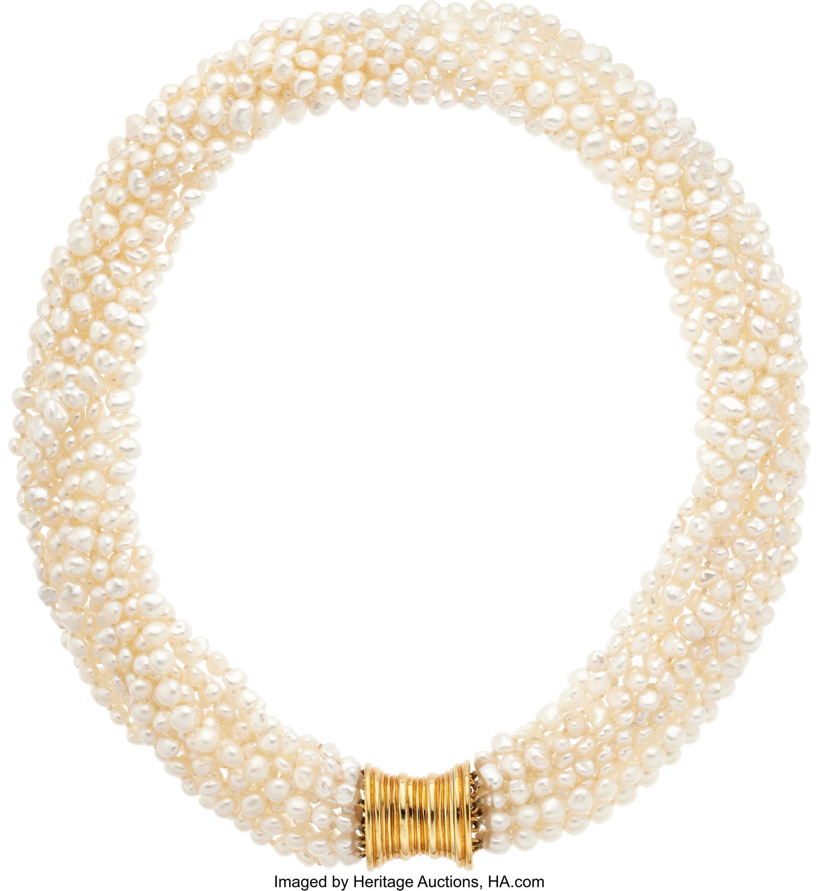 Freshwater Cultured Pearl, Gold Necklace Pearls: Freshwater Cultured Pearl, Gold Necklace Pearls: Freshwater cultured pearls measuring Metal: 18k gold Gross Weight: 137.20 grams Dimensions: 17-1/2 inches x 1