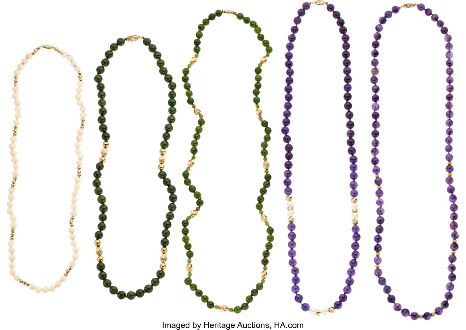 Cultured Pearl, Multi-Stone, Gold Necklaces Sto: Cultured Pearl, Multi-Stone, Gold Necklaces Stones: Amethyst beads; coral beads; nephrite jade Pearls: Cultured pearls measuring approximately 6.80 - 7.