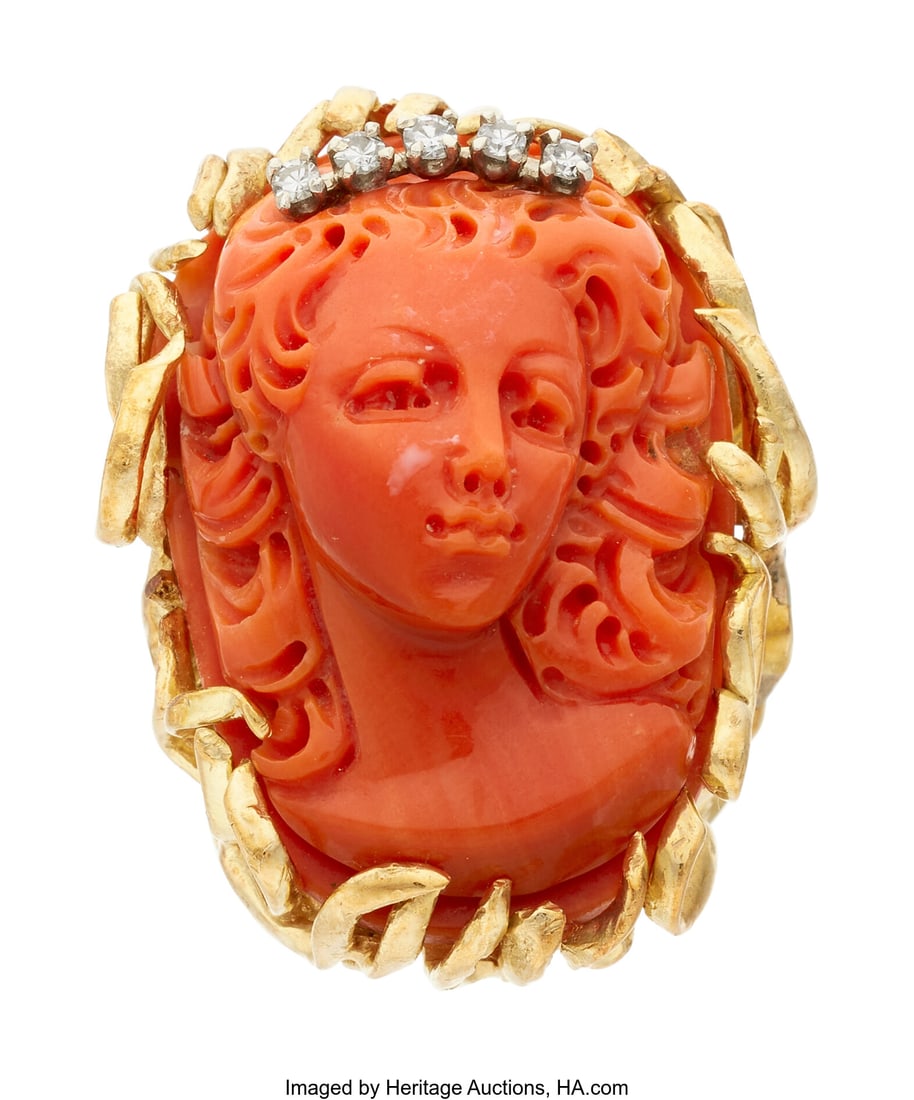 Coral Cameo, Diamond, Gold Pendant Stones: Cora: Coral Cameo, Diamond, Gold Pendant Stones: Coral cameo; single-cut diamonds weighing a total of approximately 0.10 carat Metal: 14k gold Gross Weight: 23&peri