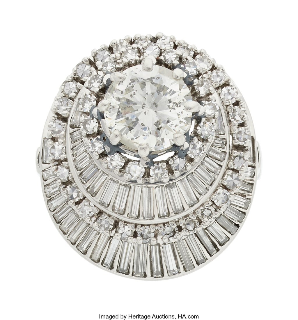 Diamond, Platinum Ring Stones: Round brilliant-: Diamond, Platinum Ring Stones: Round brilliant-cut diamond weighing a total of approximately 2.25 carats; baguette-cut diamonds weighing a total of approximately 1.50 ca