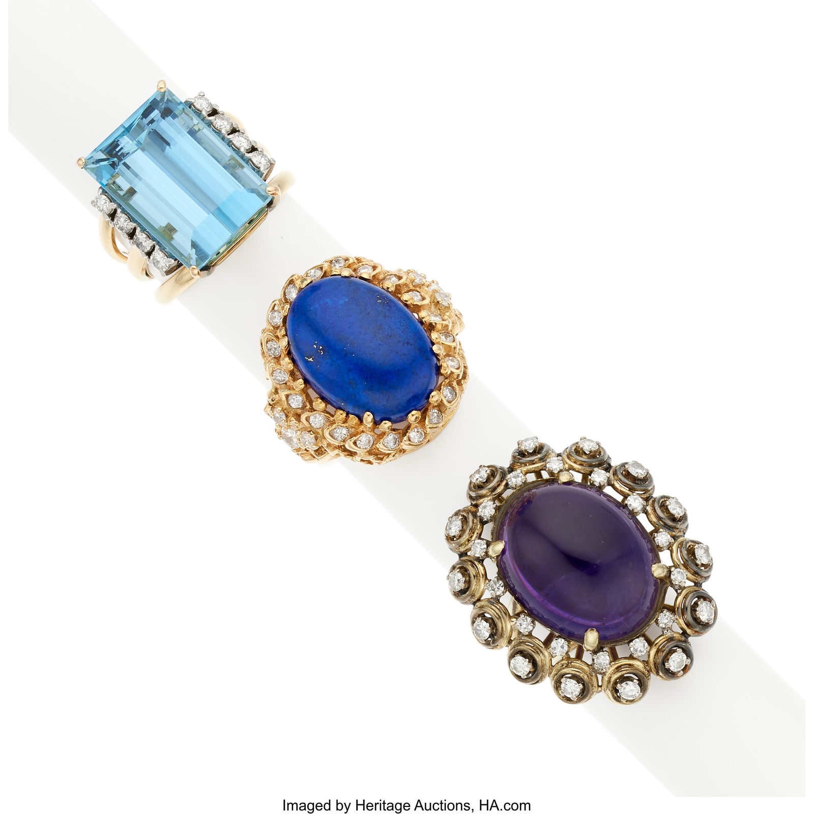 Multi-Stone, Diamond, Platinum, Gold Rings Ston: Multi-Stone, Diamond, Platinum, Gold Rings Stones: Emerald-cut aquamarine weighing approximately 15.00 carats; full and single-cut diamonds weighing a total of appr