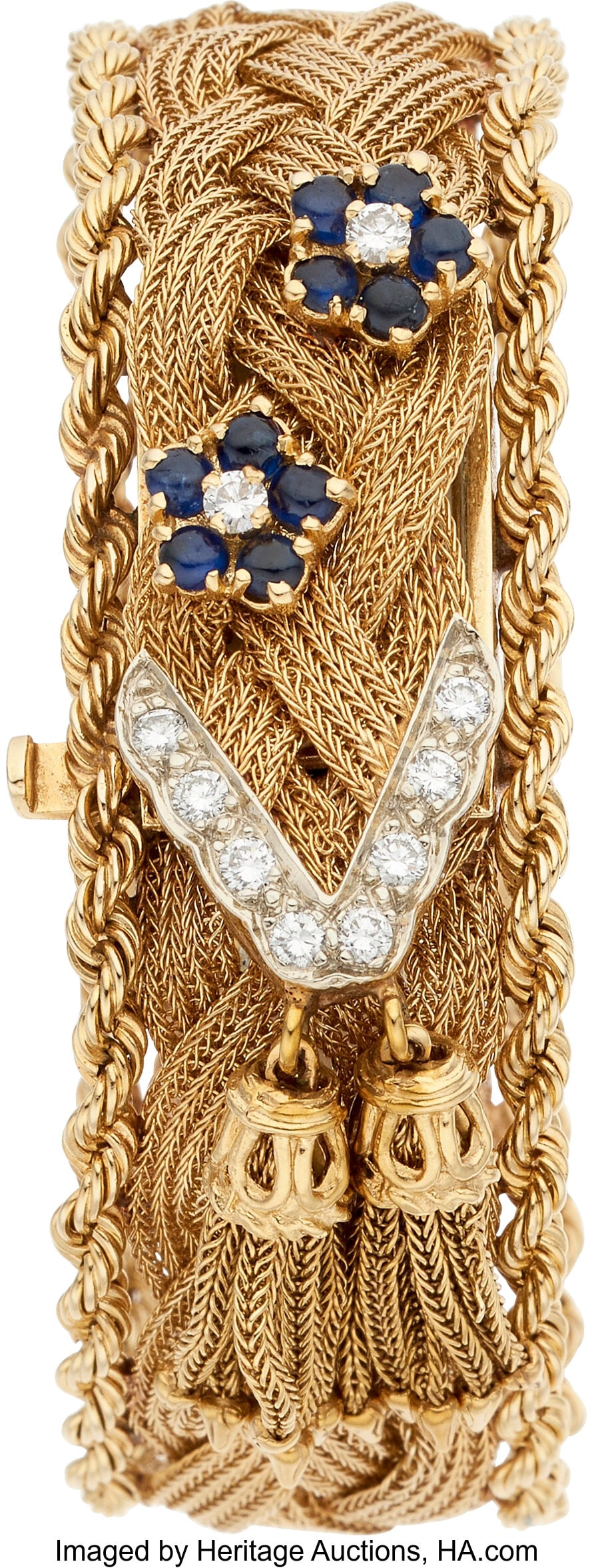 Andre Pailet Diamond, Sapphire, Gold Covered Dia: Andre Pailet Diamond, Sapphire, Gold Covered Dial Watch Case: 18 x 14 mm, rectangular, 14k gold, snapback, diamond and sapphire covered dial, mineral cr