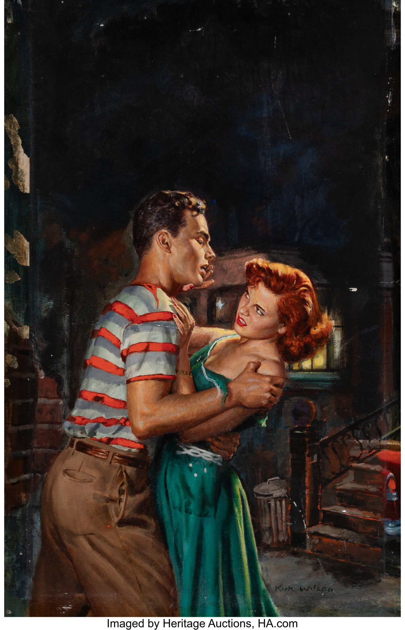 Kirk Wilson (American, 1912-1971) The Amboy Duke: Kirk Wilson (American, 1912-1971) The Amboy Dukes paperback cover, 1947 Oil on board 26-1/2 x 20 inches (67.3 x 50.8 cm) Signed lower right: Kir