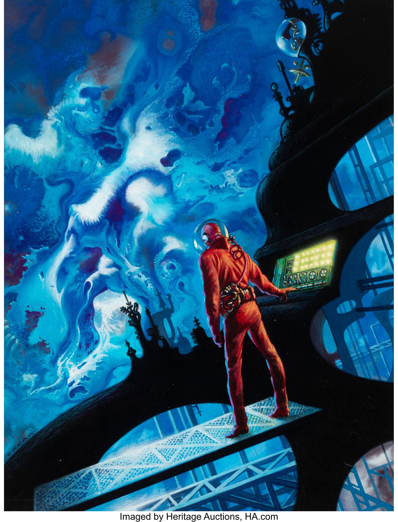 Kelly Freas (American, 1922-2005) The Pritcher M: Kelly Freas (American, 1922-2005) The Pritcher Mass, Analog Science Fiction digest magazine cover, October 1972 Oil on Masonite 20 x 16 inches (50.8 x 40&period