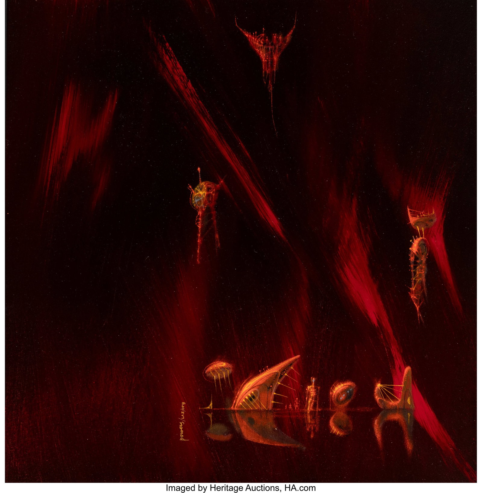 Richard M. Powers (American, 1921-1996) EPOCH bo: Richard M. Powers (American, 1921-1996) EPOCH book cover, 1976 Mixed media on board 20 x 19 inches (50.8 x 48.3 cm) Signed and inscribed lower cent