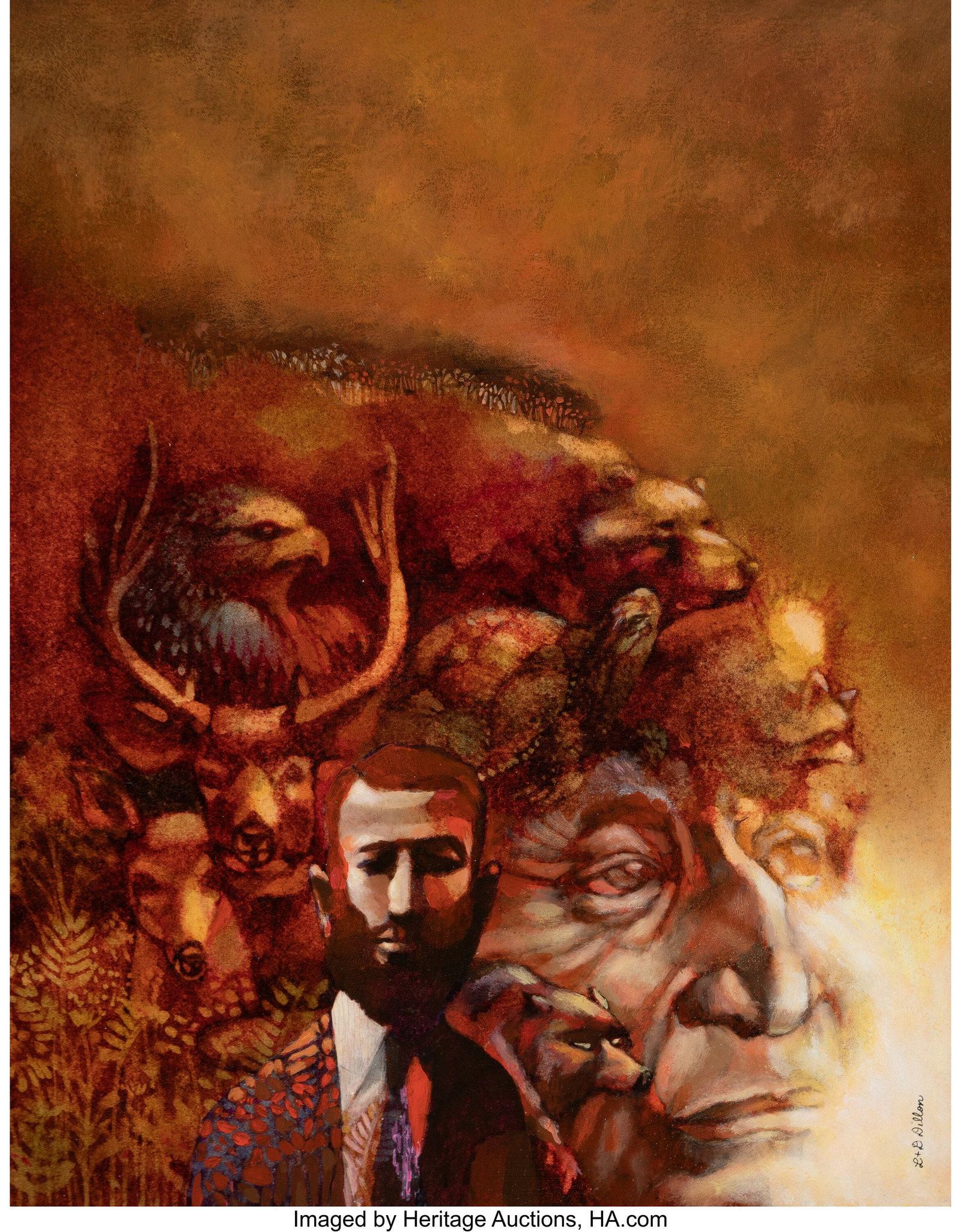 Leo and Diane Dillon (American, 20th Century) Wo: Leo and Diane Dillon (American, 20th Century) Wolf That I Am: In Search of the Red Earth People book cover, 1976 Acrylic on Bristol board 13-3/4 x 10-3/4 inches &lp