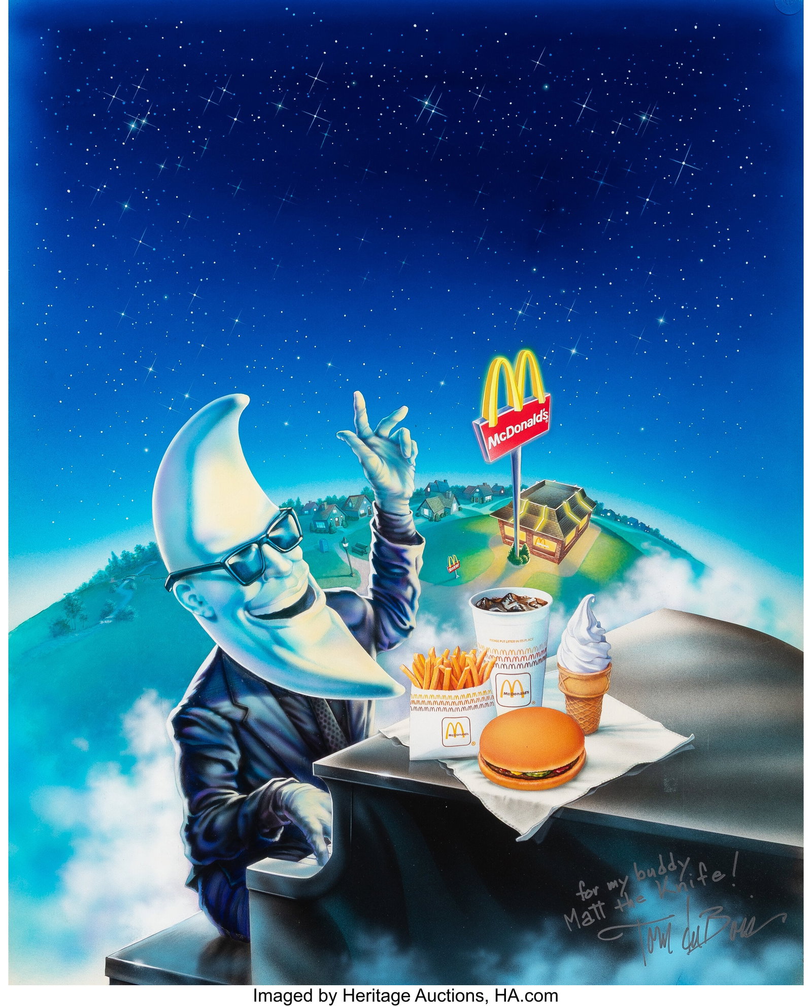 Tom DuBois (American, 20th Century) Mac Tonight,: Tom DuBois (American, 20th Century) Mac Tonight, McDonalds advertisement, 1986 Mixed media on board with elements of collage 29 x 23 inches (73.7 x 58.4