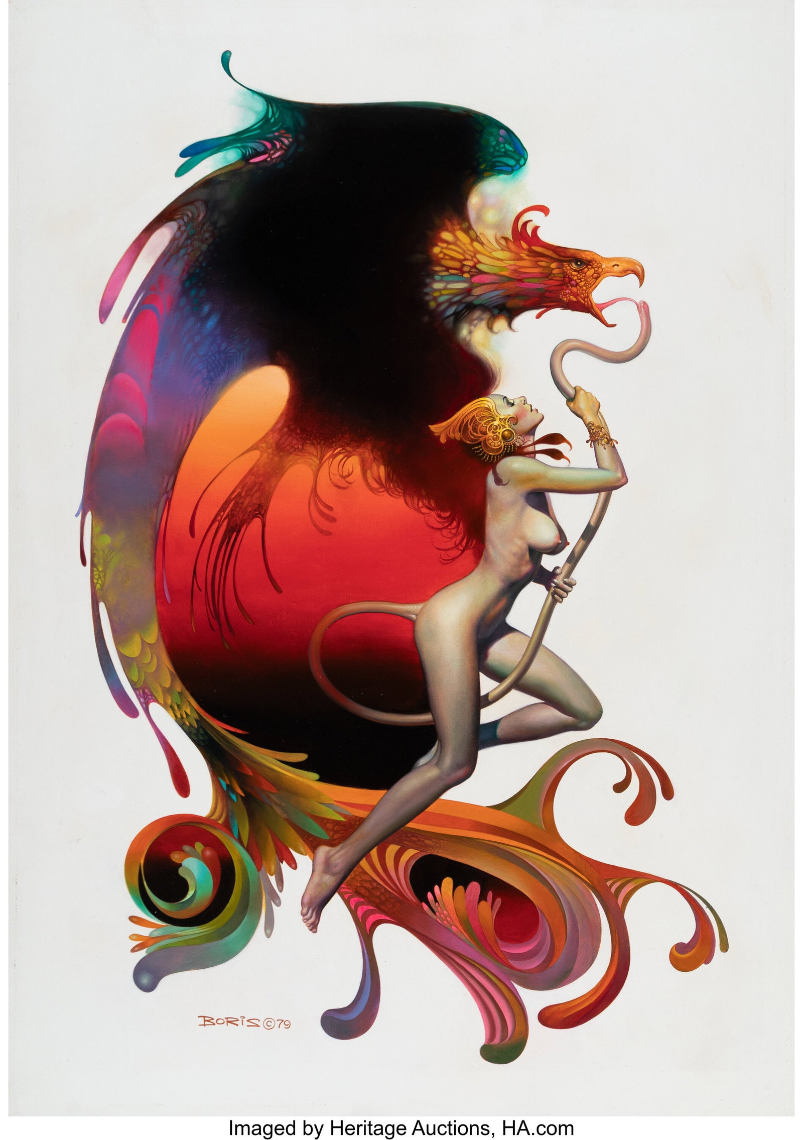 Boris Vallejo (American, b. 1941) Eagle's Tale,: Boris Vallejo (American, b. 1941) Eagle's Tale, Mirage book interior, 1979 Oil on board 31-1/4 x 22 inches (79.4 x 55.9 cm) Signed and da