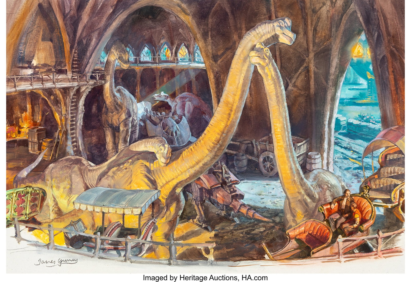 James Gurney (American, b. 1958) Brachio Barn, D: James Gurney (American, b. 1958) Brachio Barn, Dinotopia: The World Beneath book interior, 1995 Oil on board 15 x 20 inches (38.1 x 50.8 cm&