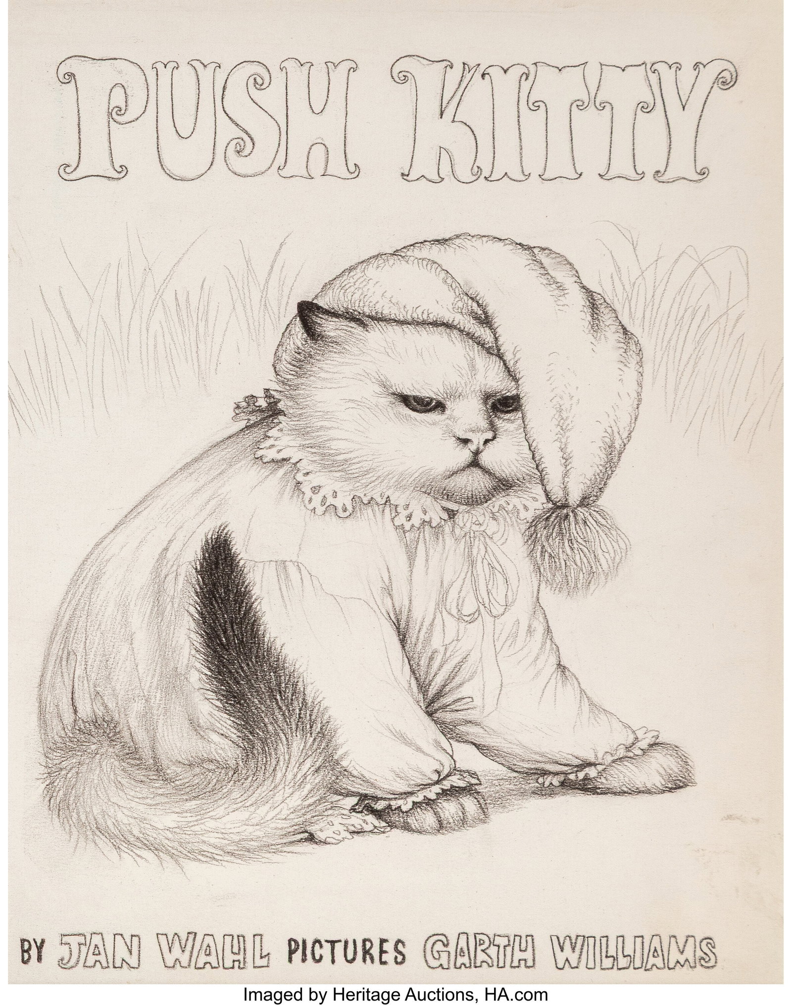 Garth Williams (American, 1912-1996) Push Kitty: Garth Williams (American, 1912-1996) Push Kitty book cover, 1968 Pencil on board 10-3/4 x 8-1/2 inches (27.3 x 21.6 cm) (image) Signed o