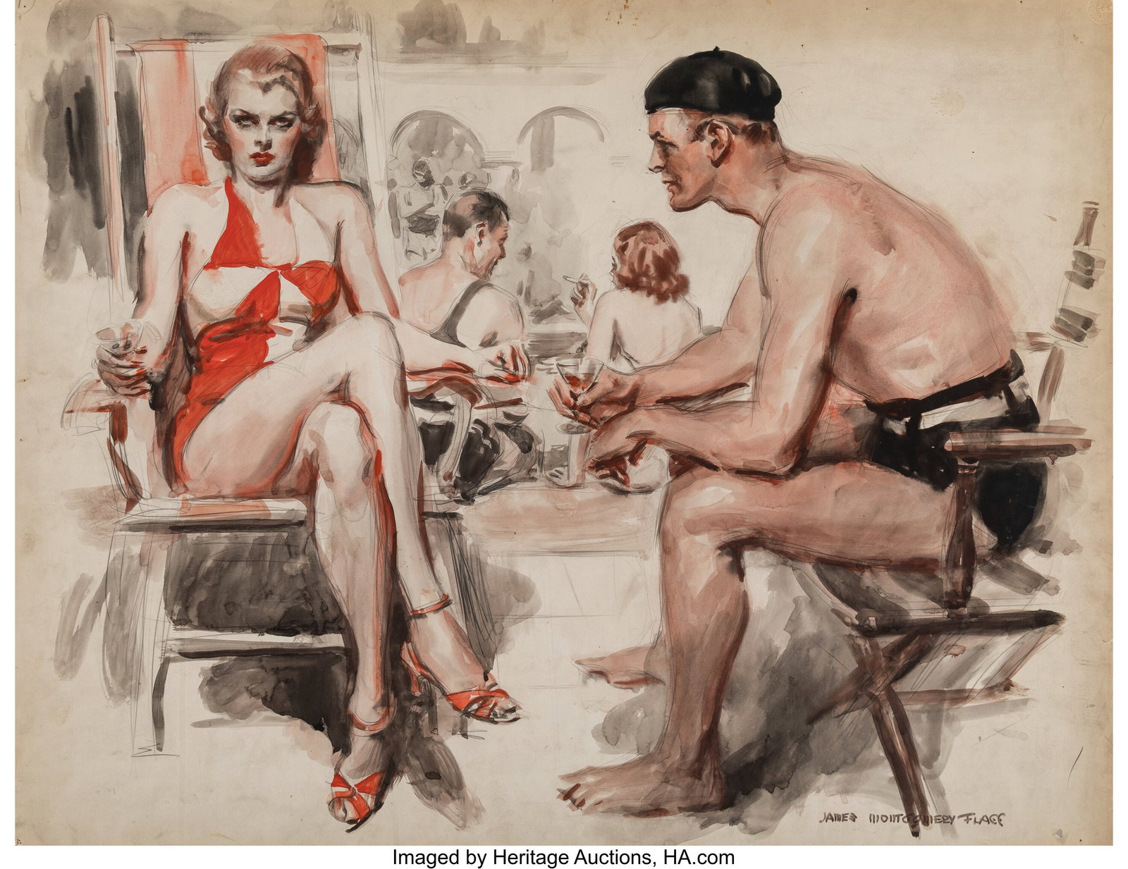 James Montgomery Flagg (American, 1877-1960) I'v: James Montgomery Flagg (American, 1877-1960) I've Got the Biggest Supply of Narcotics in Captivity, Liberty magazine interior, October 27, 1934 Watercolor and pencil