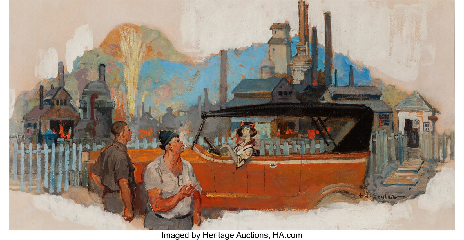 Henry James Soulen (American, 1888-1965) Directi: Henry James Soulen (American, 1888-1965) Directions, The Saturday Evening Post interior Oil on board 16-1/8 x 29-3/4 inches (41.0 x 75.6 cm) Signe