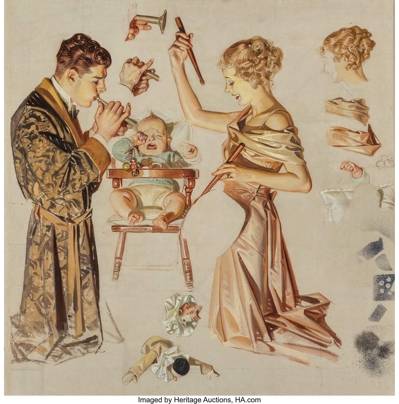 Joseph Christian Leyendecker (American, 1874-195: Joseph Christian Leyendecker (American, 1874-1951) Silent Night, The Saturday Evening Post cover study, December 28, 1935 Oil on canvas 23-1/2 x 23-1/2 inches