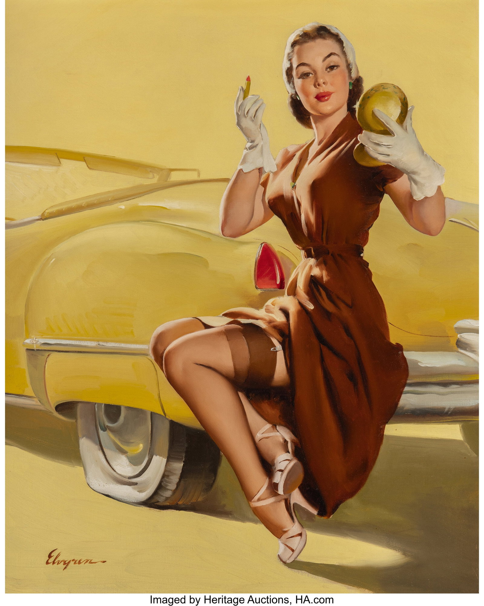 Gil Elvgren (American, 1914-1980) Jill Needs Jac: Gil Elvgren (American, 1914-1980) Jill Needs Jack, 1950 Oil on canvas 30 x 24 inches (76.2 x 61.0 cm) Signed lower left: Elvgren Property from the L