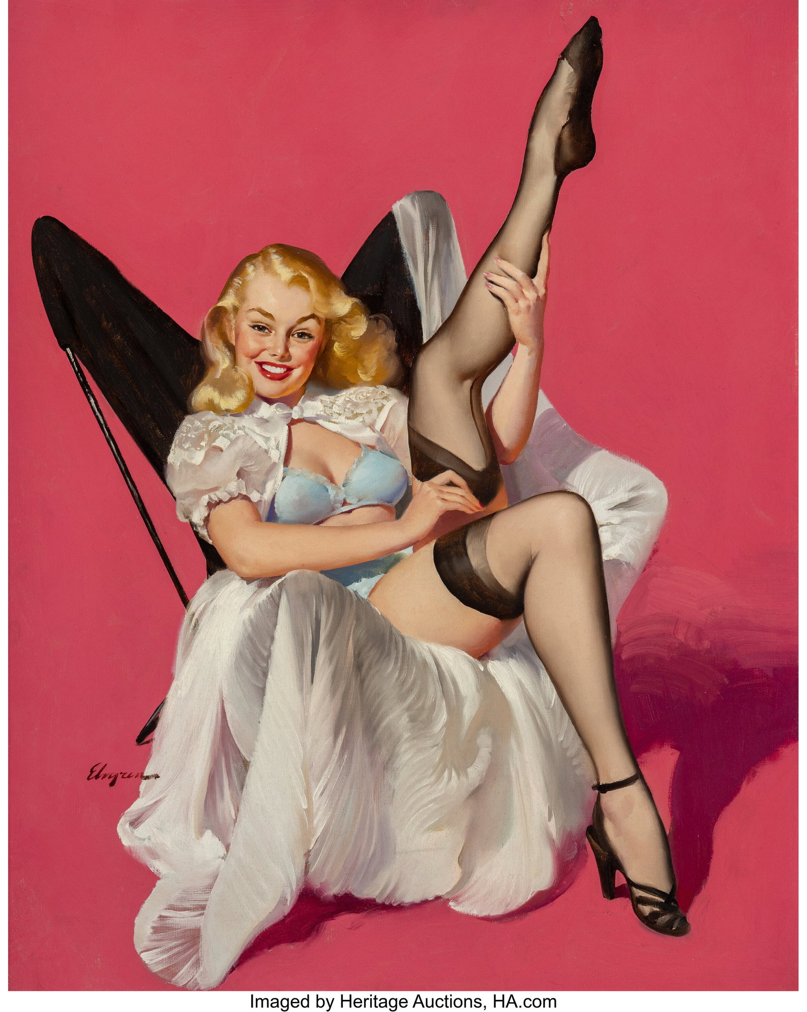 Gil Elvgren (American, 1914-1980) Sheer Nonsense: Gil Elvgren (American, 1914-1980) Sheer Nonsense, 1954 Oil on canvas 30 x 24 inches (76.2 x 61.0 cm) Signed lower left: Elvgren Property from the Lo
