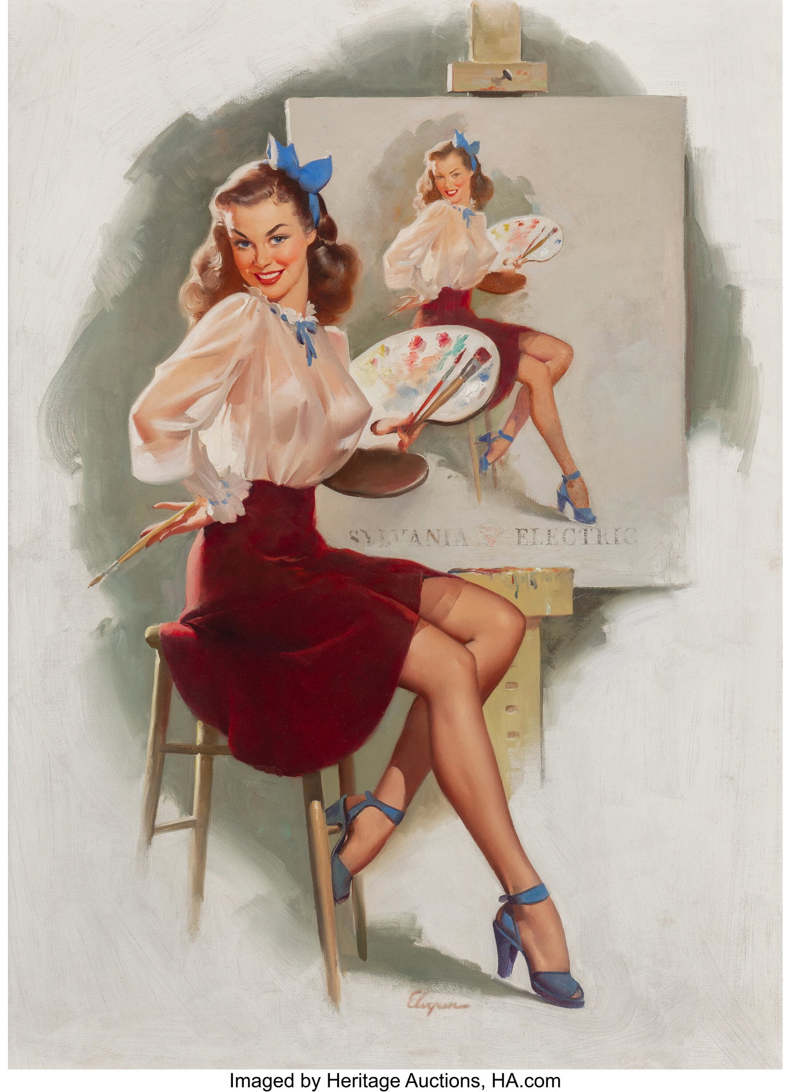 Gil Elvgren (American, 1914-1980) Miss Sylvania,: Gil Elvgren (American, 1914-1980) Miss Sylvania, Sylvania Electric advertisement, 1948 Oil on canvas 37 x 27 inches (94.0 x 68.6 cm) Signed lower ce