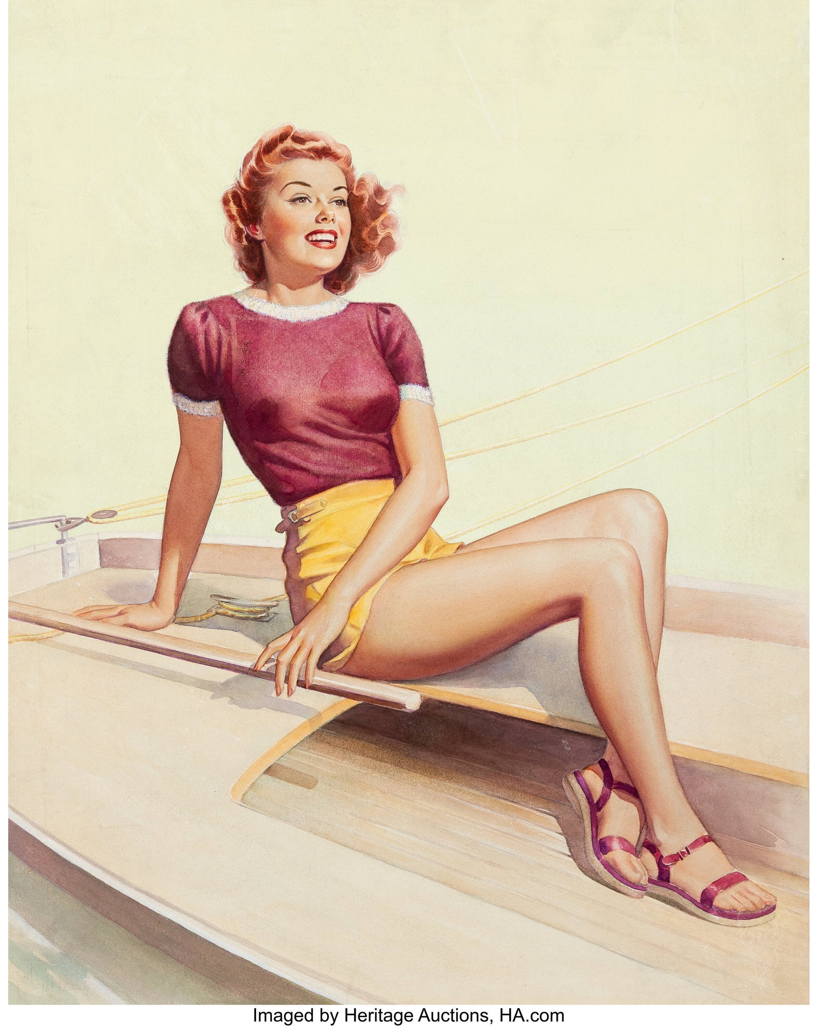 Pearl Aleryn Frush (American, 20th Century) Smoo: Pearl Aleryn Frush (American, 20th Century) Smooth Sailing, Sweethearts of Sports series, 1945 Watercolor on board 21-7/8 x 17 inches (55.6 x 43.2 cm