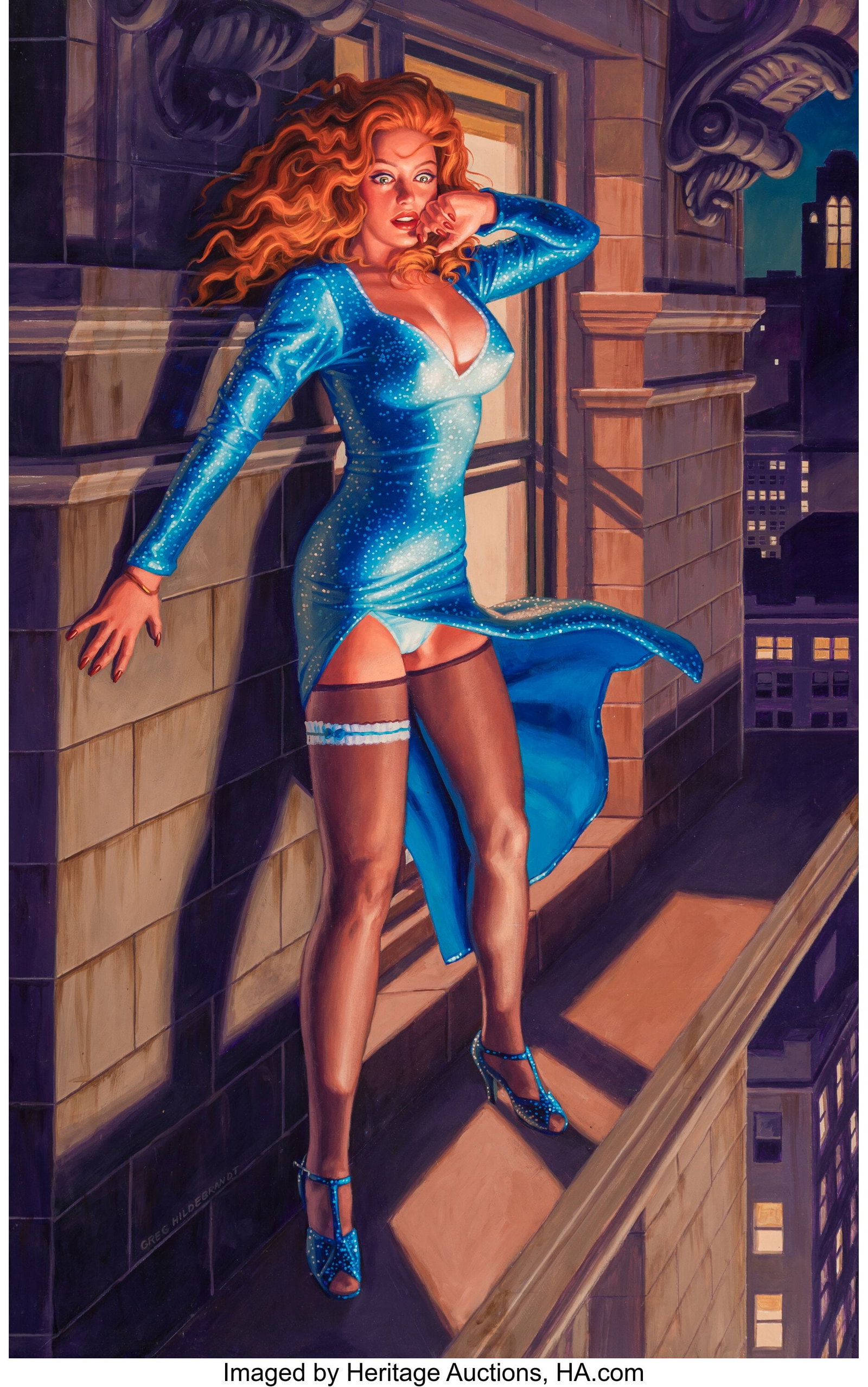 Greg Hildebrandt (American, 1939-2024) The Ledge: Greg Hildebrandt (American, 1939-2024) The Ledge from American Beauties series, 2000 Acrylic on Masonite 38 x 24 inches (96.5 x 61.0 cm) Signed lower left