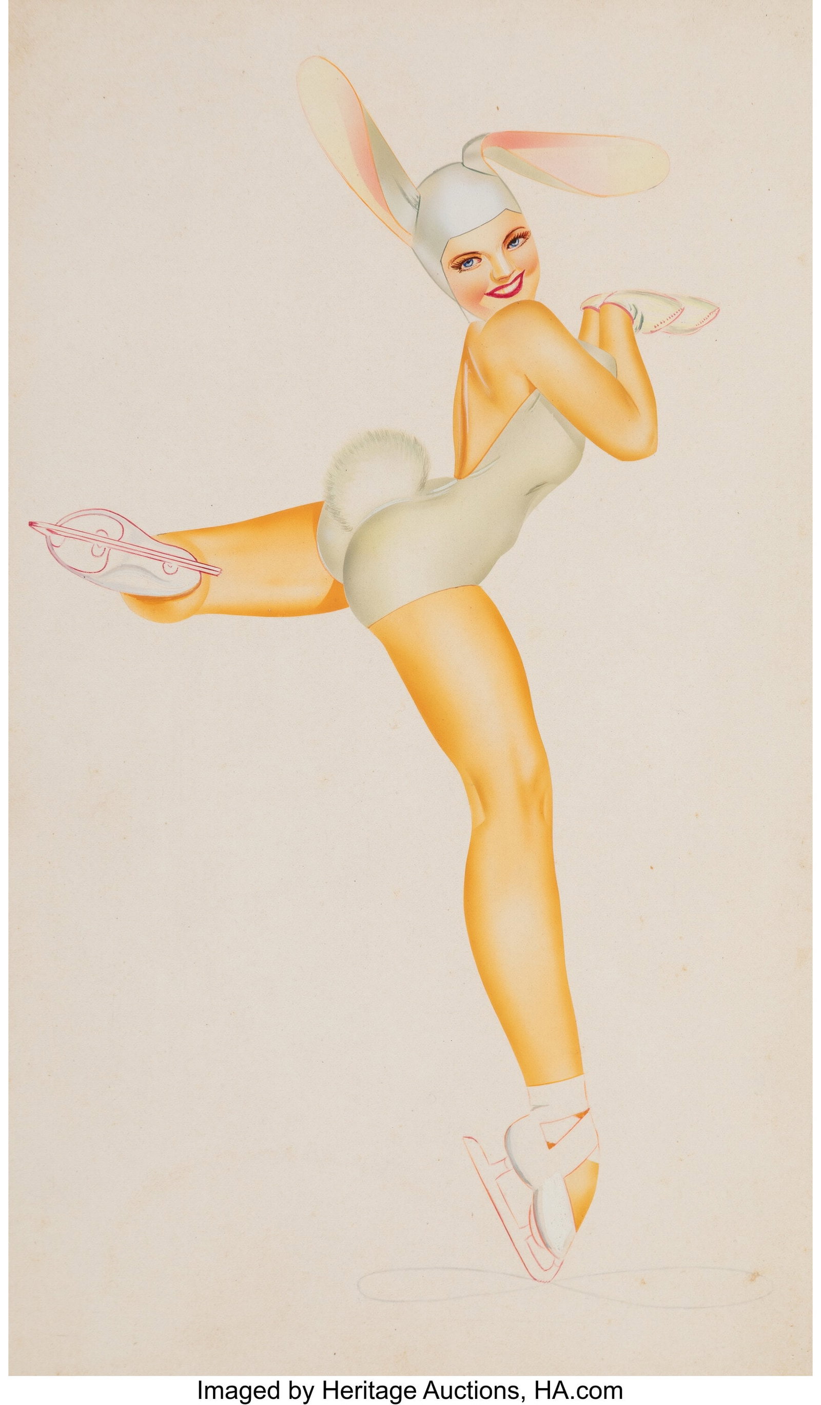 George Petty (American, 1894-1975) Skater Bunny,: George Petty (American, 1894-1975) Skater Bunny, Petty Girl pin up calendar, January 1947 Watercolor and gouache on board 12-3/4 x 7-5/8 inches (32.4 x