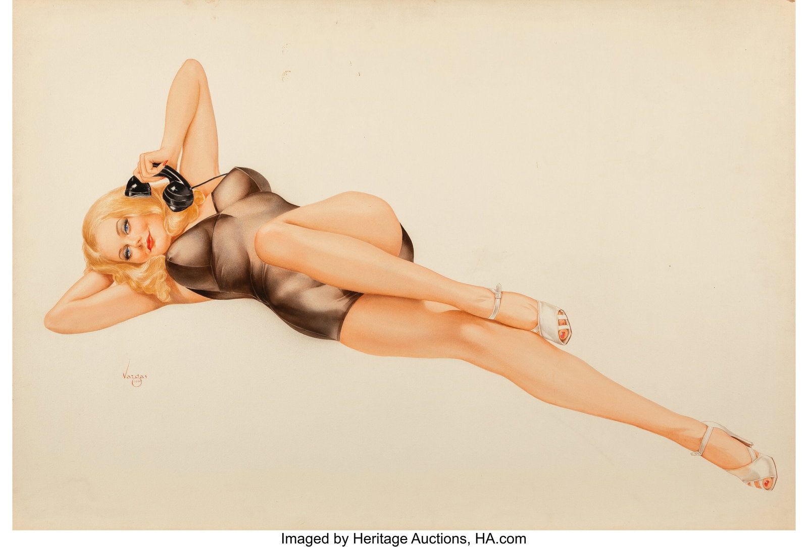 Alberto Vargas (Peruvian/American, 1896-1982) Ca: Alberto Vargas (Peruvian/American, 1896-1982) Call Waiting, 1940 Watercolor on board 26 x 39 inches (66.0 x 99.1 cm) Signed and dated lower left&colon