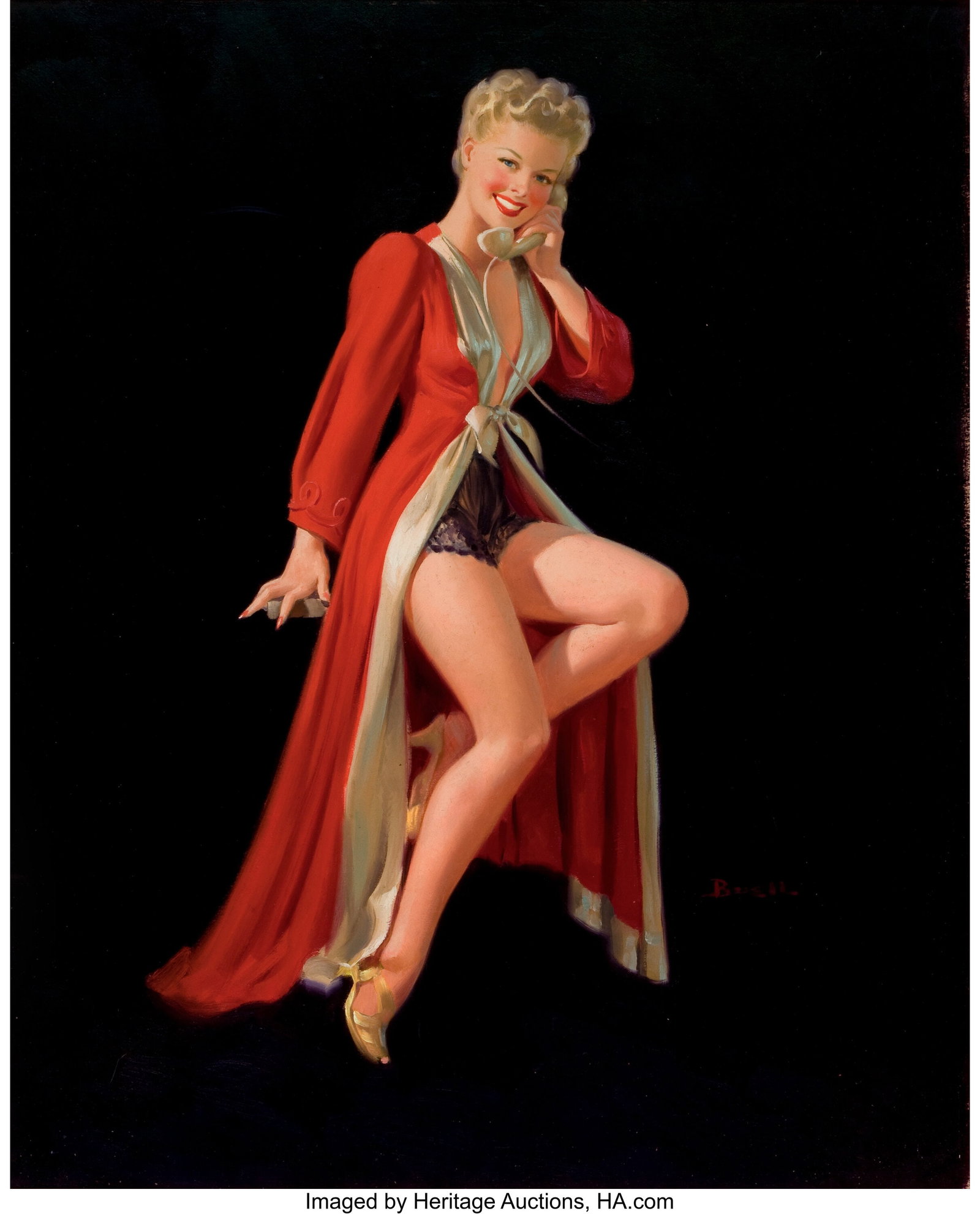 Al Buell (American, 1910-1996) Blonde Pin-Up in: Al Buell (American, 1910-1996) Blonde Pin-Up in Red Robe Oil on board 20-3/4 x 17 inches (52.7 x 43.2 cm) Signed lower right: Buell HID03101062020 &co
