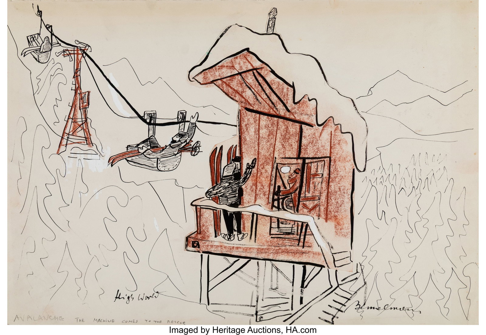 Ludwig Bemelmans (American, 1898-1962) Avalanche: Ludwig Bemelmans (American, 1898-1962) Avalanche, The High World book interior study, 1954 Ink and pastel on paper with collage 17-5/8 x 25-5/8 inches (44&peri