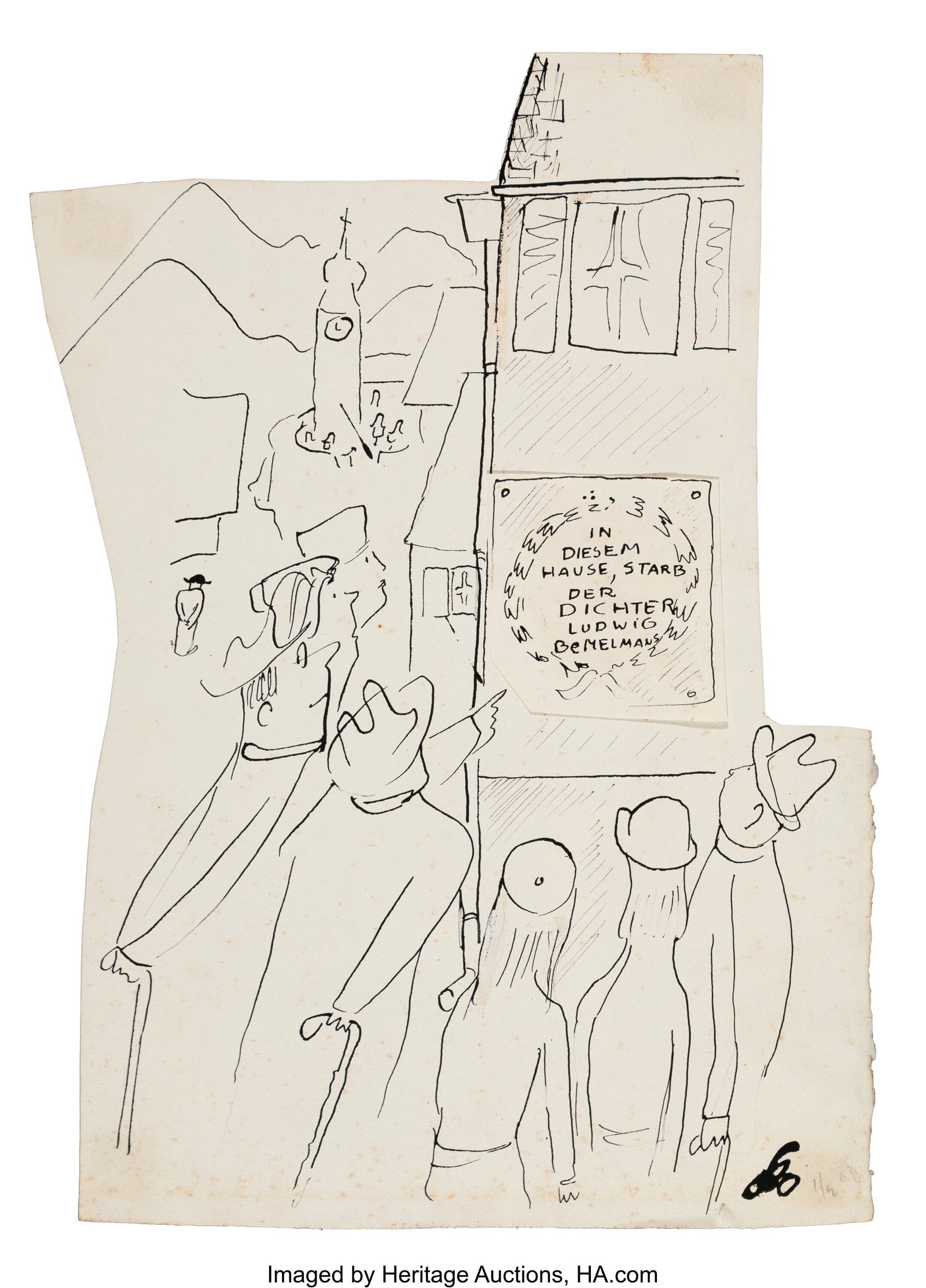 Ludwig Bemelmans (American, 1898-1962) In this H: Ludwig Bemelmans (American, 1898-1962) In this House Lived Ludwig Bemelmans Ink on paper with collage 13-1/2 x 9 inches (34.3 x 22.9 cm) (sheet) N