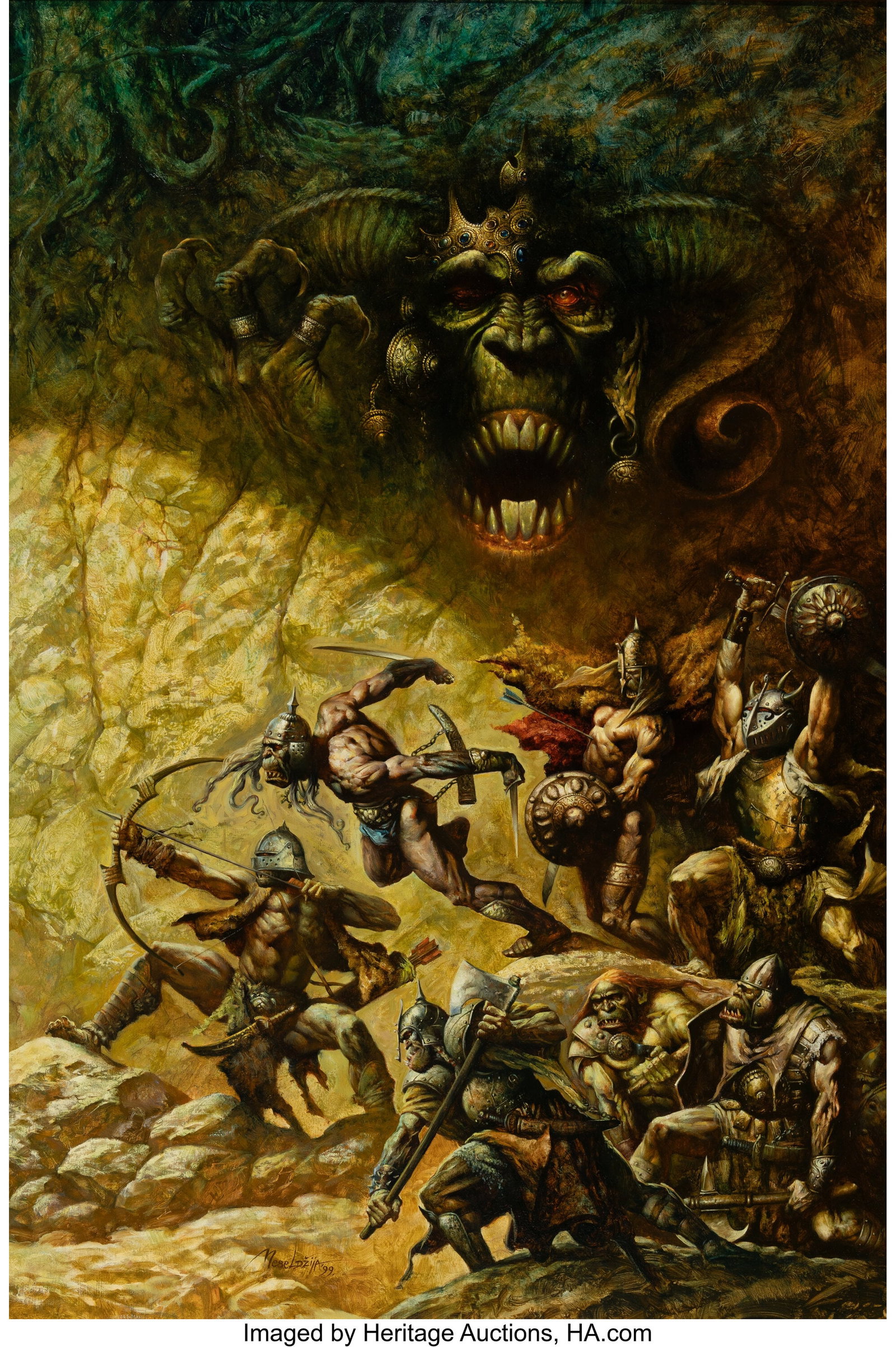 Petar Meseldzija (Serbian, b. 1965) Shadow Comes: Petar Meseldzija (Serbian, b. 1965) Shadow Comes Lord Of The Rings, 1999 Oil on Masonite 31-1/2 x 21 inches (80.0 x 53.3 cm) Singed and dated l