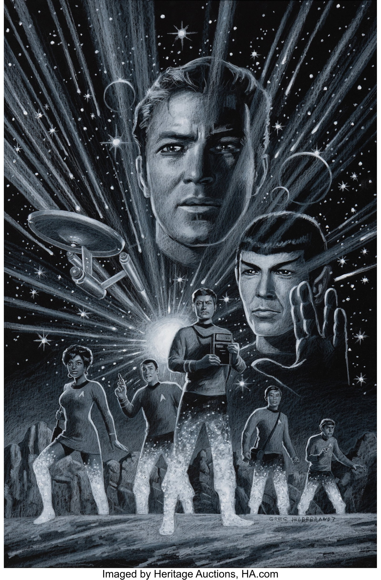 Greg Hildebrandt (American, 1939-2024) Star Trek: Greg Hildebrandt (American, 1939-2024) Star Trek: Year Five variant cover, 2019 Mixed media on black board 30 x 20 inches (76.2 x 50.8 cm) Signed an